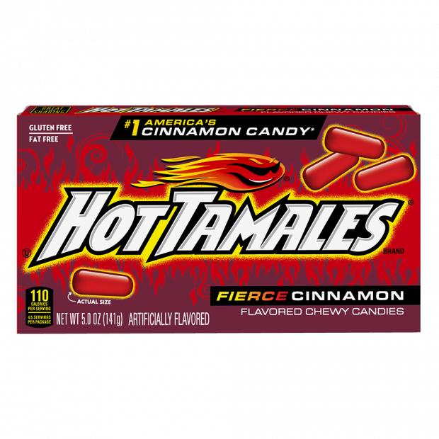 A red box of Grandpa Joe's Candy Shop Hot Tamales 5oz Theater Box, Fierce Cinnamon Candy 12ct boasts "America's #1 Cinnamon Candy" at the top, "Hot Tamales Fierce Cinnamon" in the center, and "Flavored Chewy Candies" at the bottom. The box also states "Gluten Free, Fat Free," and "Artificially Flavored." Enjoy this spicy chewy candy sensation!