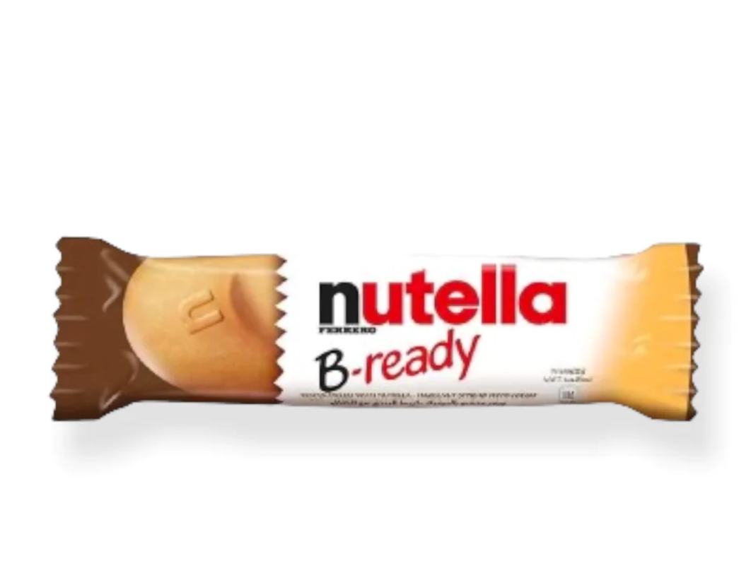 A close-up of a Nutella B-ready 44g snack bar, showcasing the delicious Nutella filling in a crispy wafer. Perfect for on-the-go snacking moments.