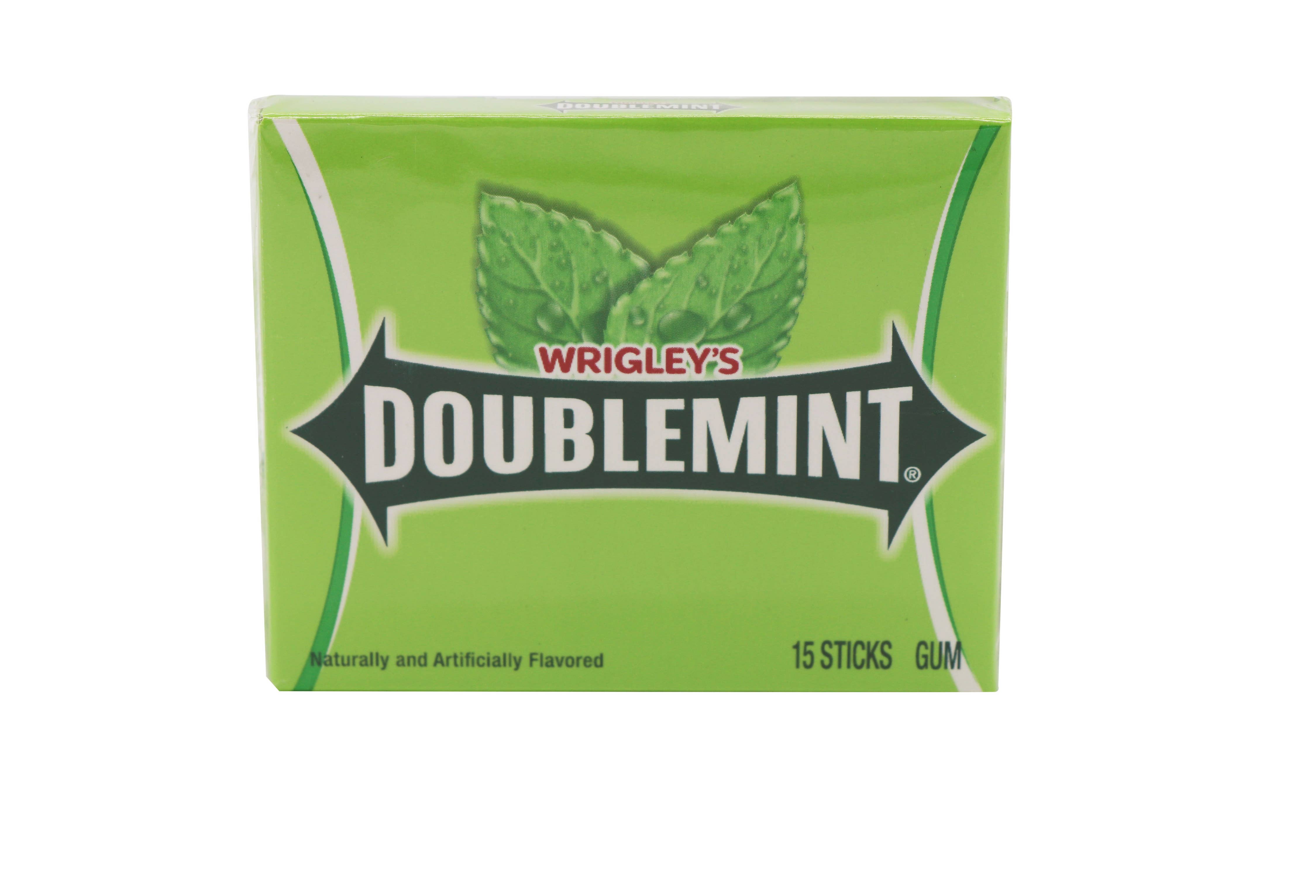 A close-up of Wrigley's Doublemint Wallet Chewing Gum Pack, 10ct, showcasing a green box with a label, emphasizing longer lasting minty fresh flavoring.