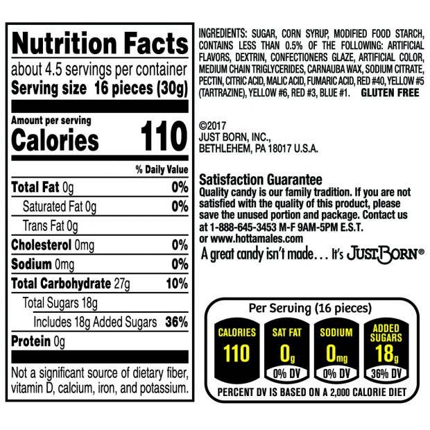 An image of the nutritional facts for Grandpa Joe's Candy Shop Hot Tamales 5oz Theater Box, Fierce Cinnamon Candy 12ct, including the Spicy Chewy Candy variant. Serving size is 16 pieces (30g) with about 4.5 servings per package. The label lists 110 calories, 0g fat, 0mg cholesterol, 0mg sodium, 27g total carbs, and 18g added sugars per serving. Ingredients and