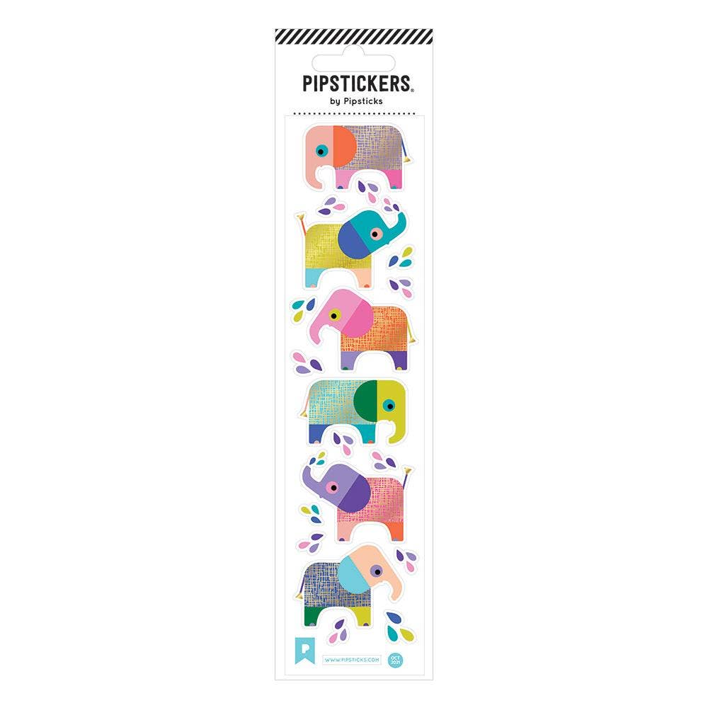 Playful Pachyderms sticker sheet featuring a variety of cartoon elephants with holographic rose gold foil accents on a clear backing. Unique PVC designs for sticker lovers.