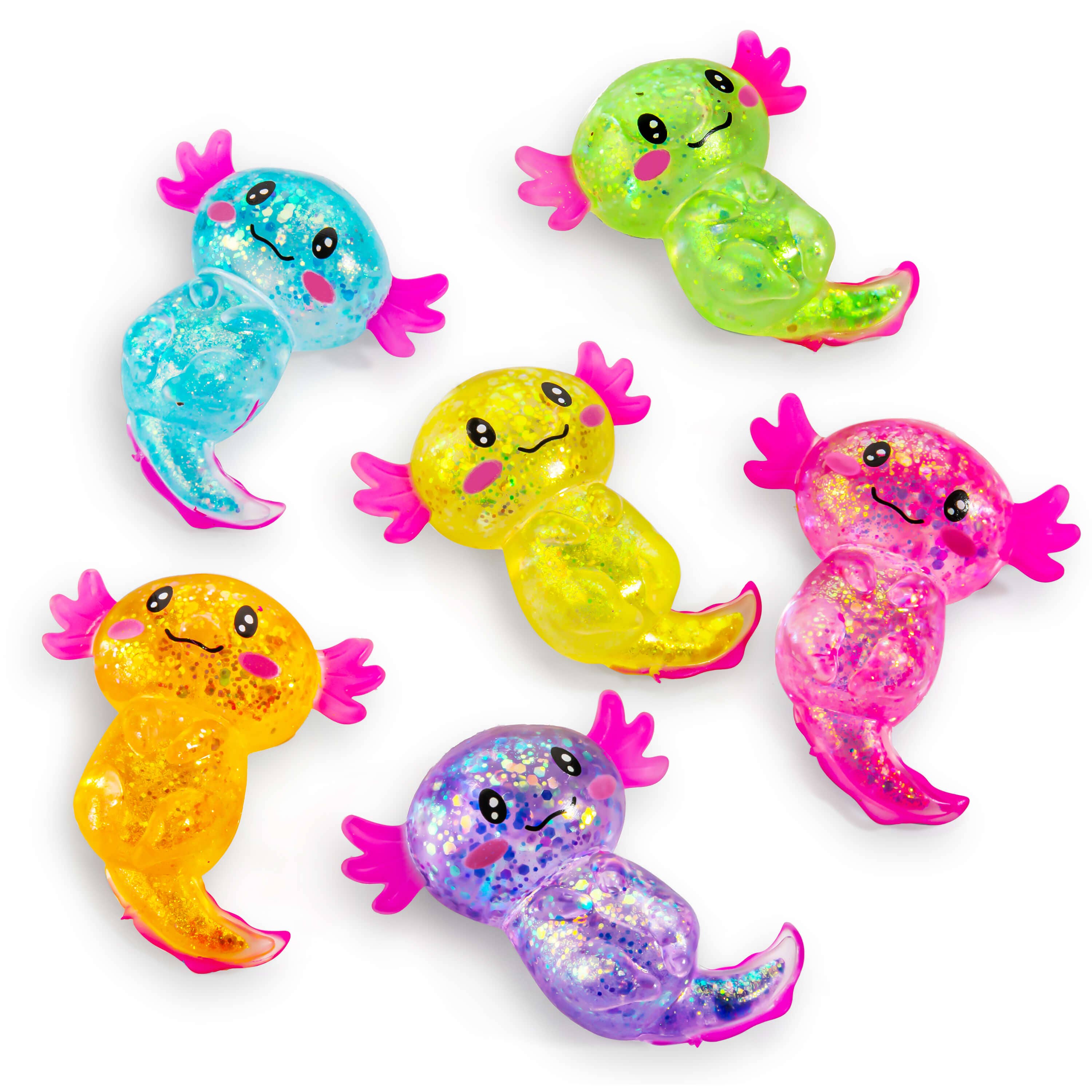 A group of Gummy Axolotl Pets sensory squishy toys in glittery colors, perfect for stress relief. Includes 12 pieces per case.
