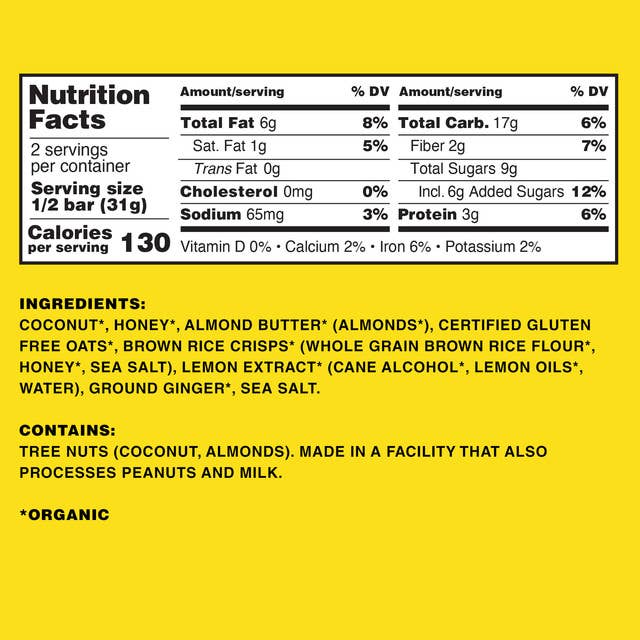 Nutrition label for Kate's Real Food Bivy Lemon Coconut Oat Bar 2.2oz, highlighting ginger's anti-inflammatory, heart-healthy coconut, and digestion-supporting lemon. USDA-certified organic, gluten-free, and non-GMO.