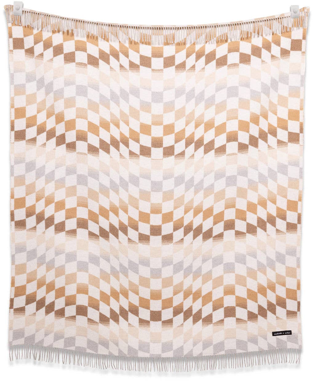 A sustainable Checkered Palm Desert blanket made from recycled wool, polyester, and acrylic. Features a patterned design in a close-up view. Size: 72”l x 60”w.