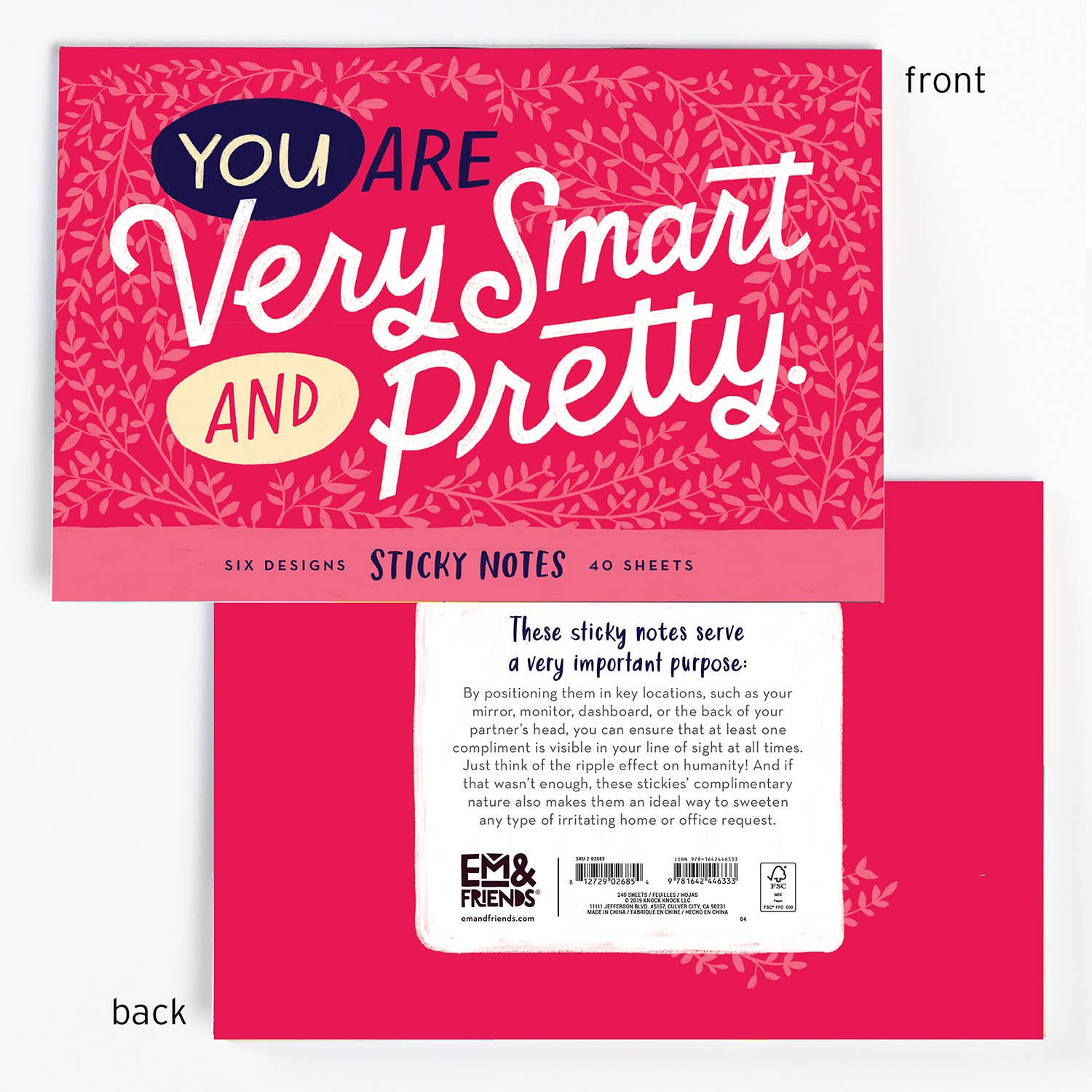 Sticky note packet featuring You Are Very Smart and Pretty title. Includes six 2.75 x 2.75-inch pads with 40 sheets each. Image shows pink card with white text and back of postcard.