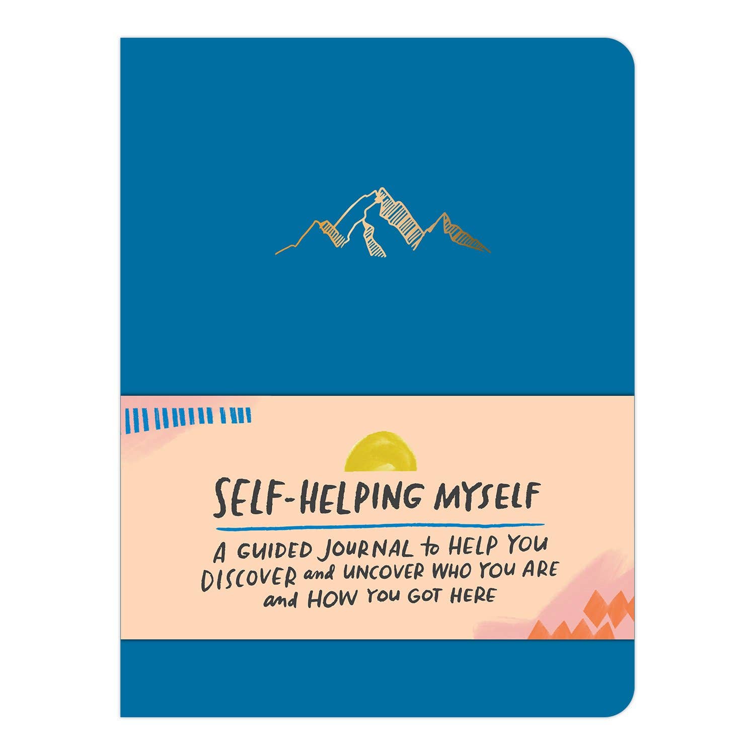 A self-help guided journal titled Self-Helping Myself: A Guided Journal with prompts, illustrations, and a faux leather cover. Features 160 pages, full-color art, and a ribbon marker.