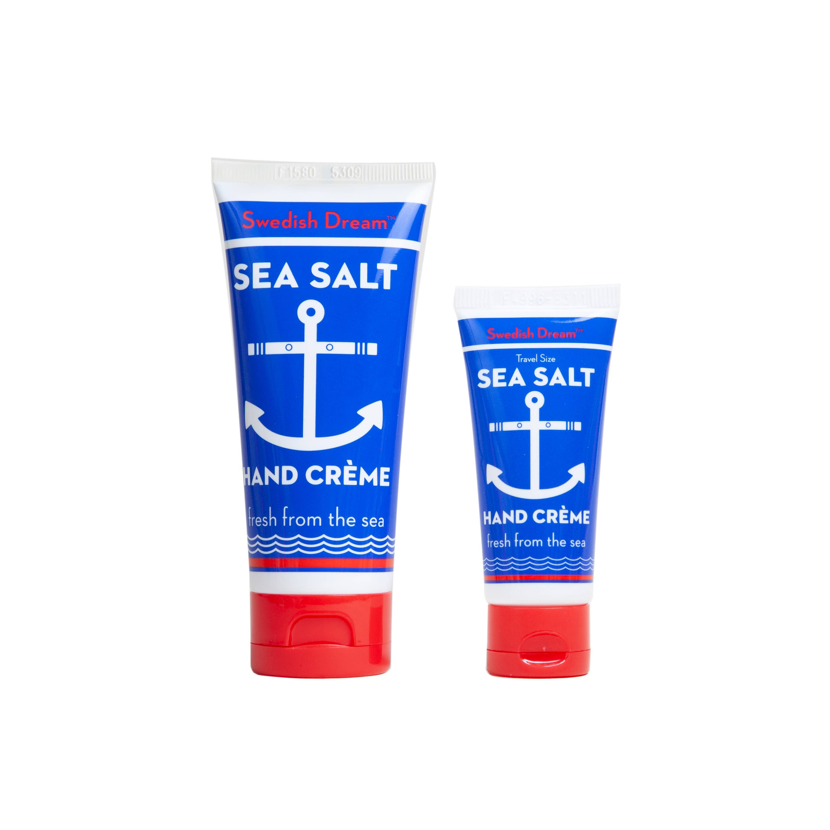 A pocket-sized Sea Salt Hand Crème with a blue tube featuring white text and an anchor. Ideal for on-the-go moisture, keeping hands smooth and crack-free.