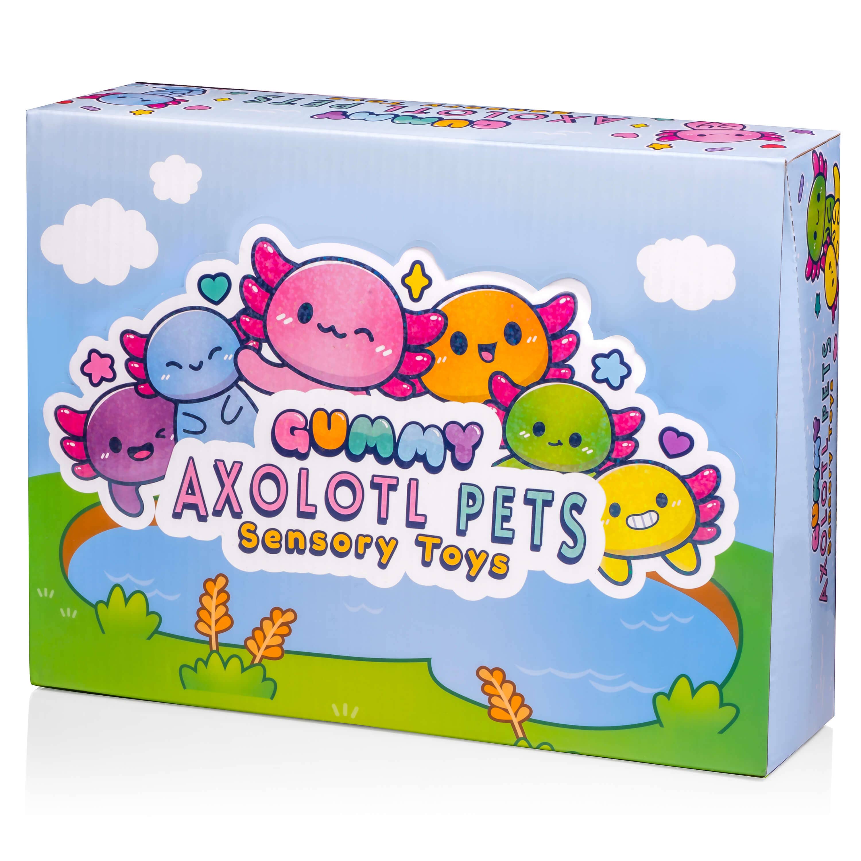 A box featuring Gummy Axolotl Pets sensory squishy toys, showcasing cartoon characters like a pink octopus and a monster. Contains 6 glittery colors.