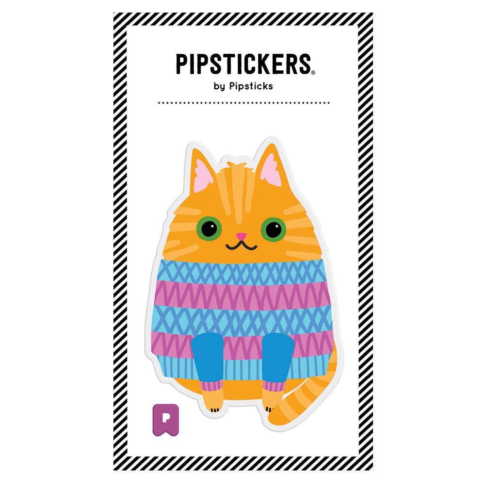 A cartoon cat sticker wearing a cozy sweater, part of the PipSticker Puffies collection. Perfect for decorating laptops, notebooks, and gifts. Measures 4'' x 6'' and 5mm thick.