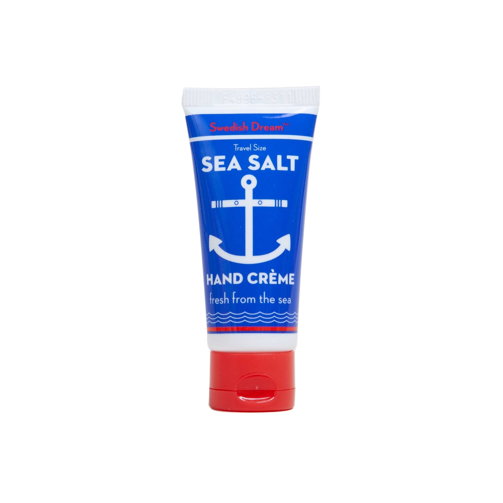 Pocket Size Sea Salt Hand Cream: A small blue tube with a white and blue label, perfect for on-the-go moisture. Ideal for smooth, crack-free hands anytime, anywhere. Travel-friendly skincare essential.