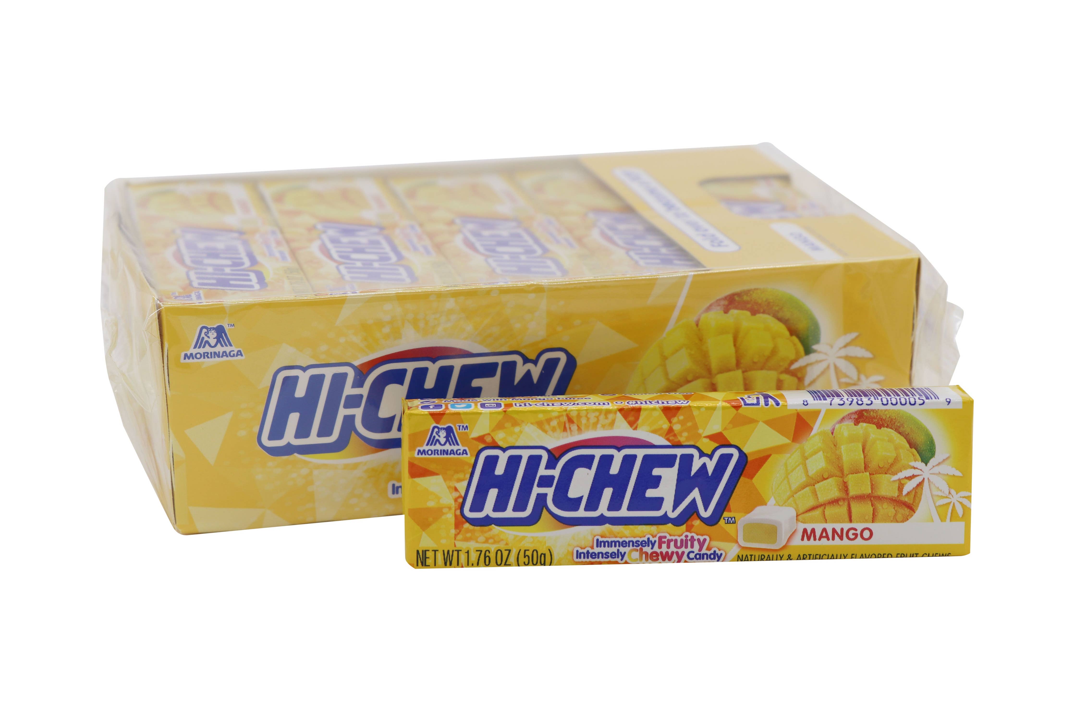 Close-up of Hi-Chew Candy Mango Flavored box with logo, showcasing juicy taffy in 15ct pack. Text: a box of candy, logo on yellow background.