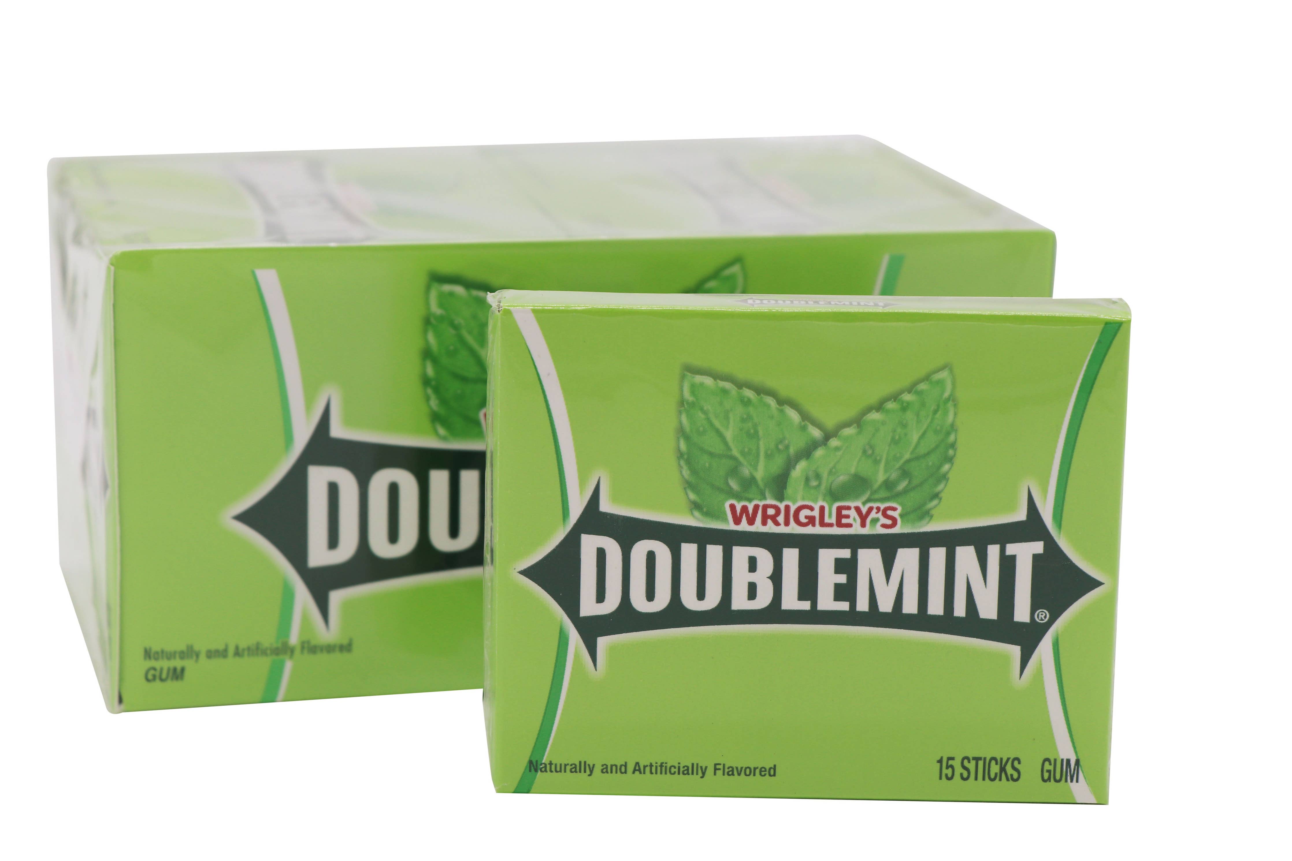 Close-up of Wrigley's Doublemint Wallet Chewing Gum Pack, 10ct box with green leaf detail and label. Launching in 1940, offers longer-lasting minty freshness.