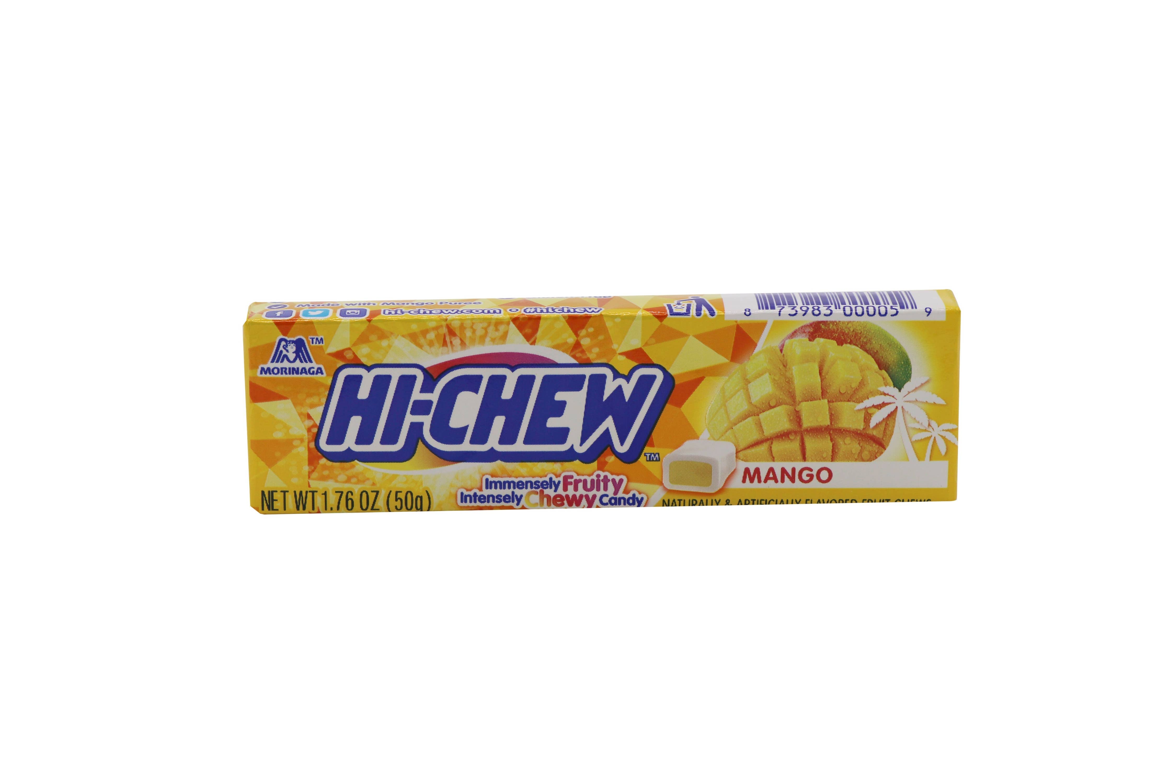 Close-up of Hi-Chew Candy Mango Flavored, 15ct packaging with vibrant logo and product label, showcasing juicy taffy for long-lasting flavor.