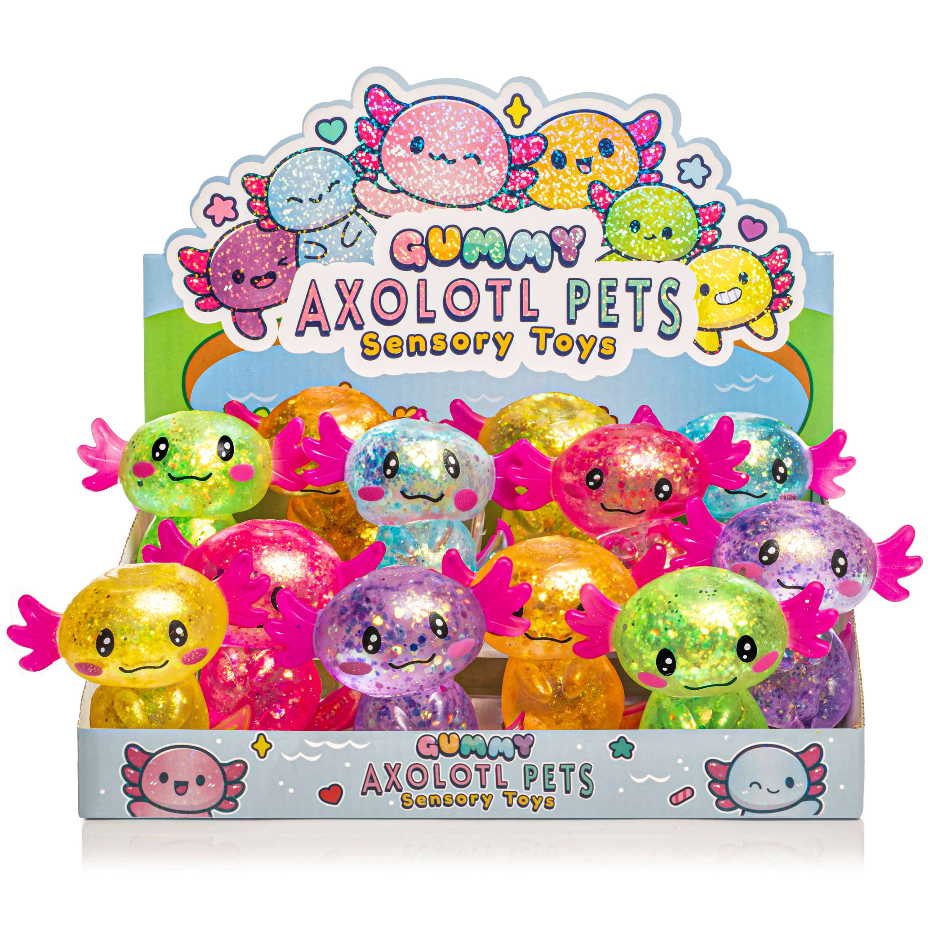 A box of Gummy Axolotl Pets sensory squishy toys, featuring glittery colors. 12 pieces per case. Cute and stress-relieving creatures. Ideal for display. MSRP $2.99 - $4.99 ea.