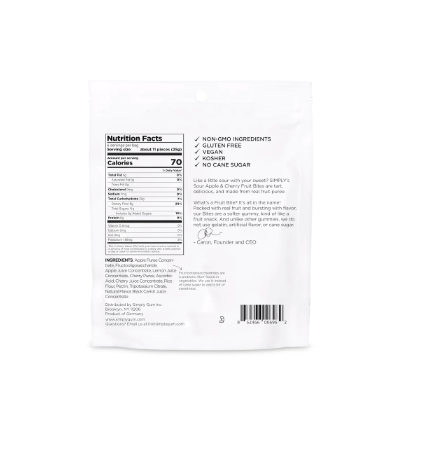 Close-up of Simply's Fruit Bites - Sour Apple & Cherry nutrition label on a white package, highlighting real fruit ingredients and no artificial flavors.