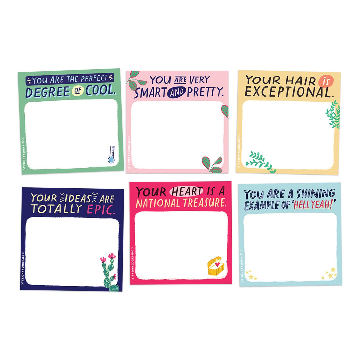 Sticky note packet featuring six pads with 40 sheets each, showcasing frames with cactus, colorful cards, and green leaves, embodying the title You Are Very Smart and Pretty.