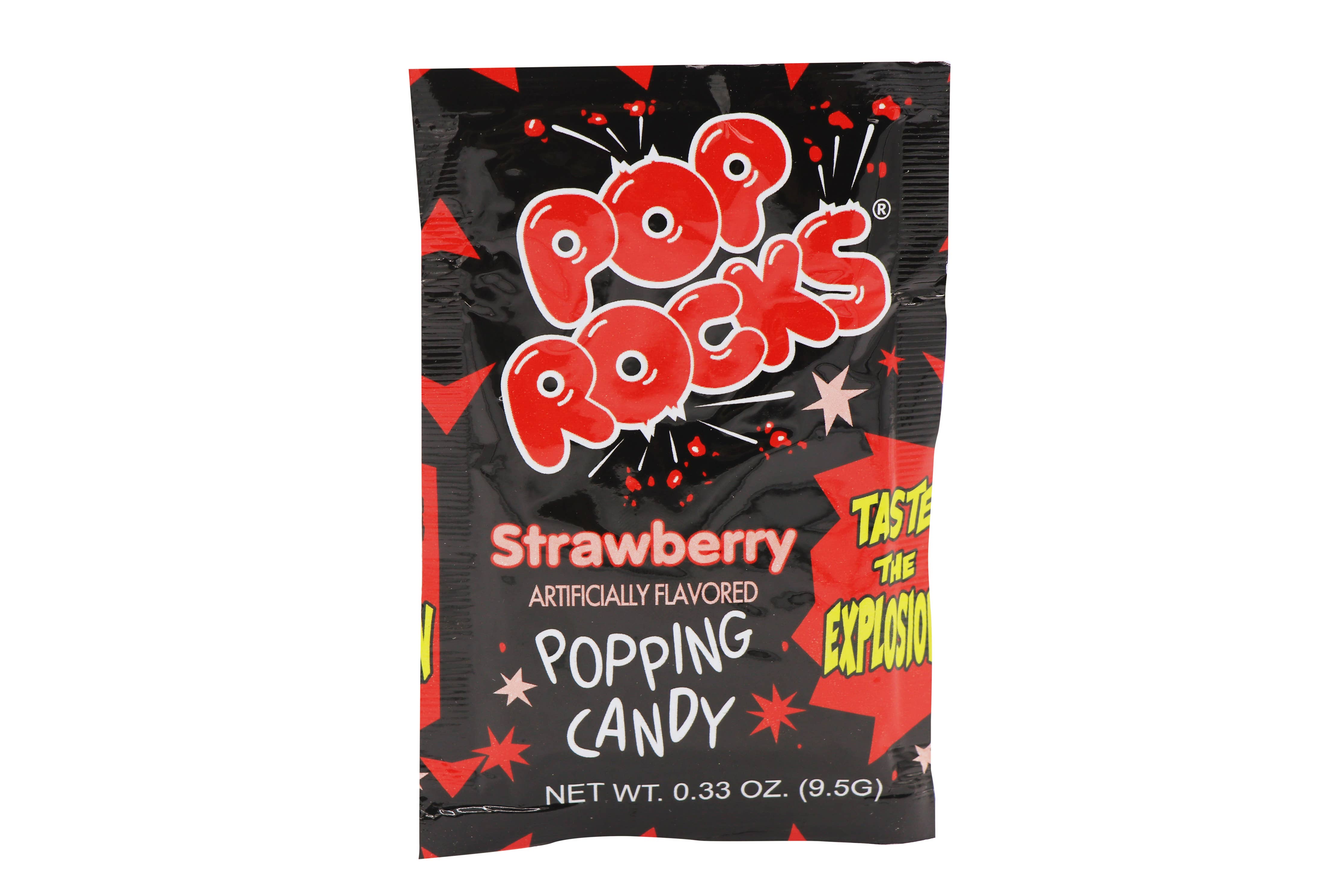 A black packet of Pop Rocks candy with red and white text. The nostalgic candy packet reads "Pop Rocks" at the top, "Strawberry" below it, and "Artificially Flavored Popping Candy" at the bottom. The packet also features red stars and the phrase "Taste the Explosion" in yellow text. The product is Pop Rocks, Strawberry, 0.33oz, 24Ct Case by Grandpa Joe's Candy Shop.