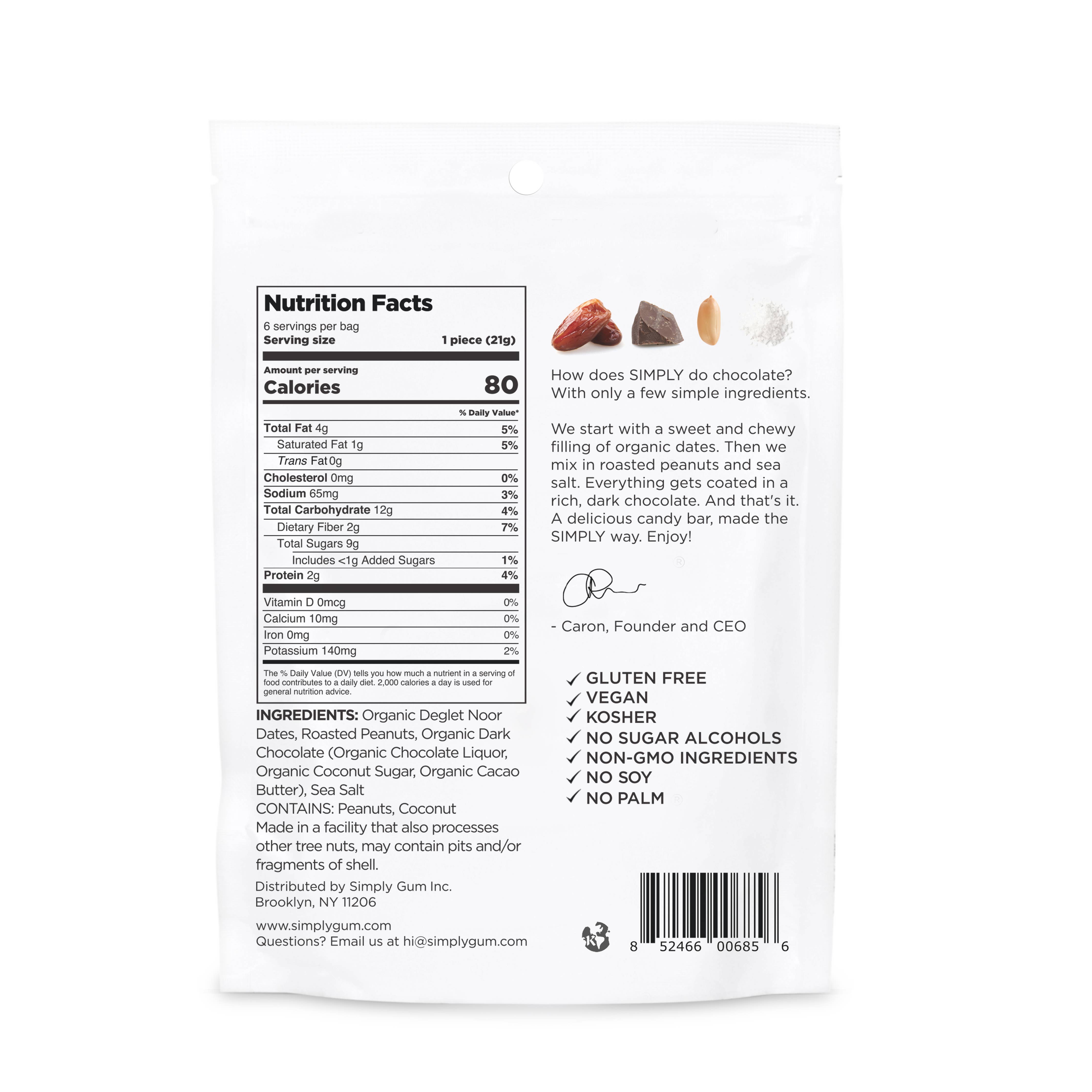 A white package featuring a nutrition label, dates, and a barcode up close. Simply's Chocolate Date Bars - Salted Peanut, a wholesome, dark chocolate treat with dates and peanuts.