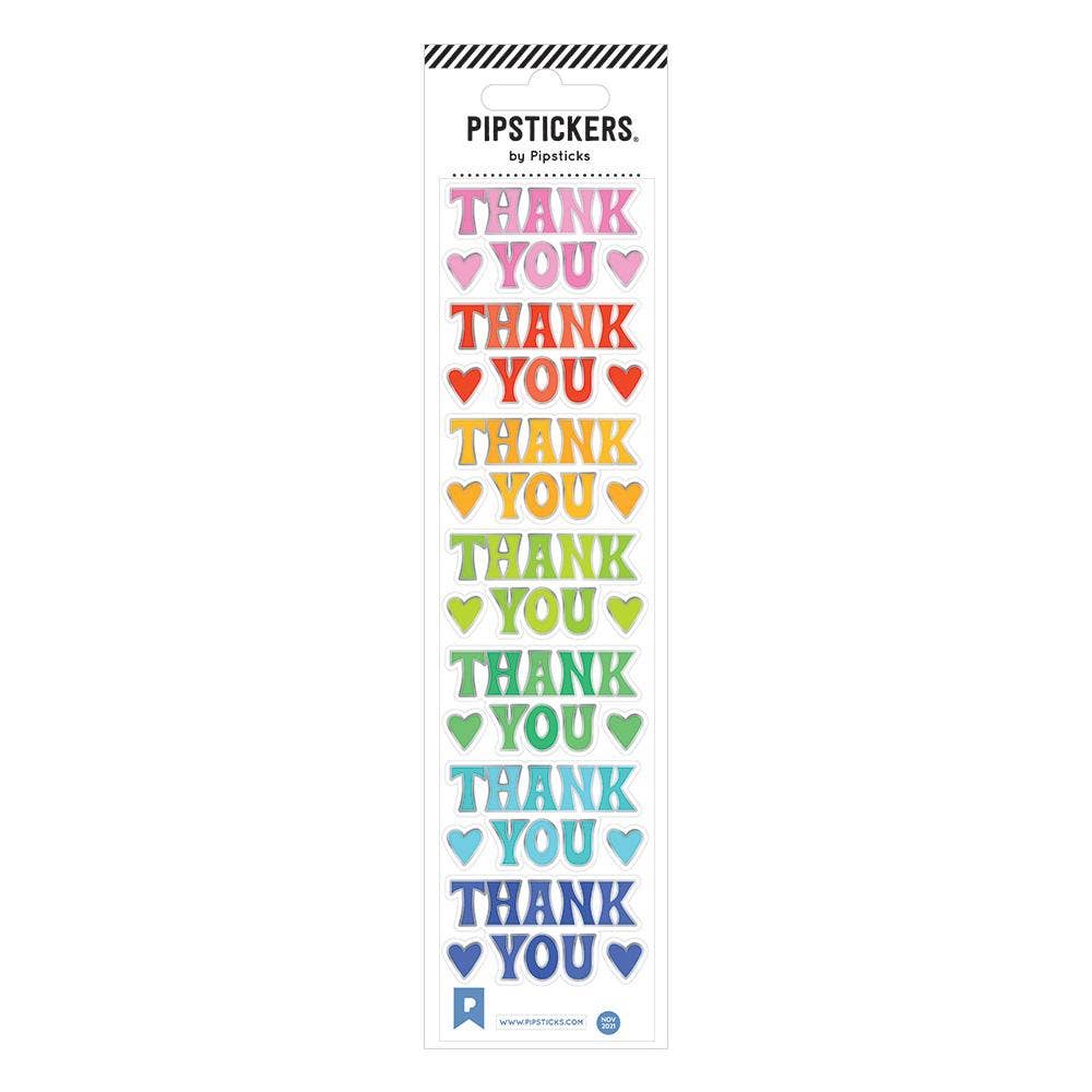 Brilliant Thank You sticker sheet featuring colorful words and rose gold foil accents on clear backing. Unique PVC designs for sticker lovers. Includes Pipsticks manifesto. Dimensions: 2'' x 8''.