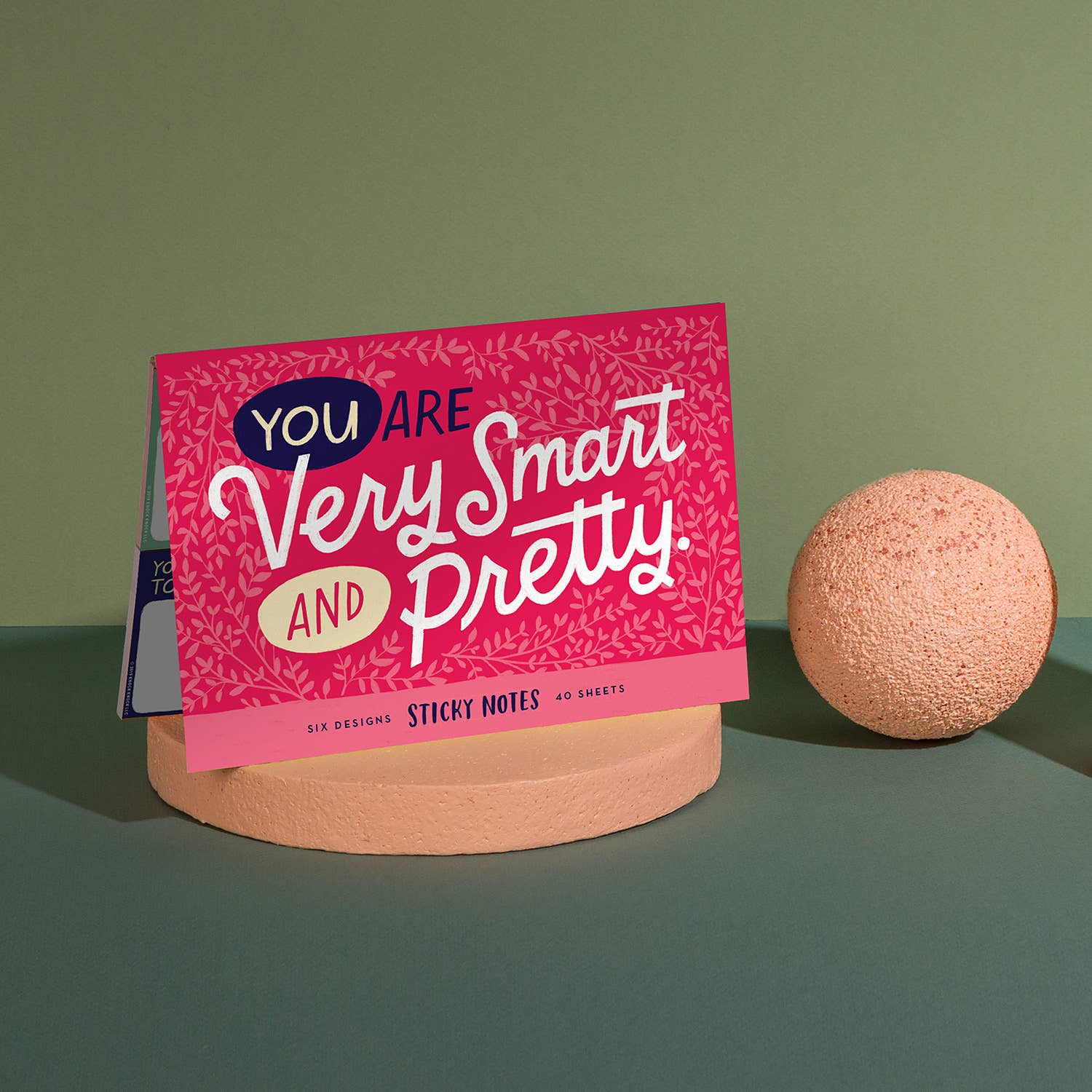 Sticky note packet with six pads featuring You Are Very Smart and Pretty text. Includes 40 sheets each, shown on a pink card with a round object.