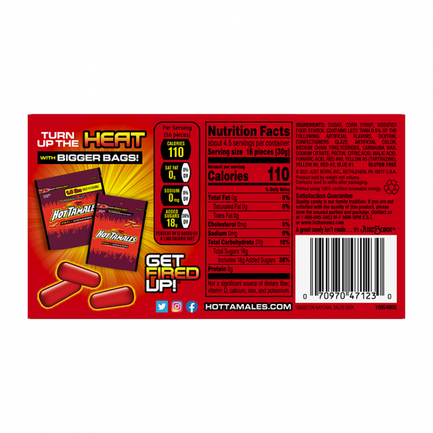 A Hot Tamales 5oz Theater Box, Fierce Cinnamon Candy 12ct package from Grandpa Joe's Candy Shop features bold text "Turn Up The Heat with Bigger Bags!" The nutrition facts and ingredients are displayed on the right. The predominantly red package showcases images of the spicy chewy candy pieces and promotional Hot Tamales bags.