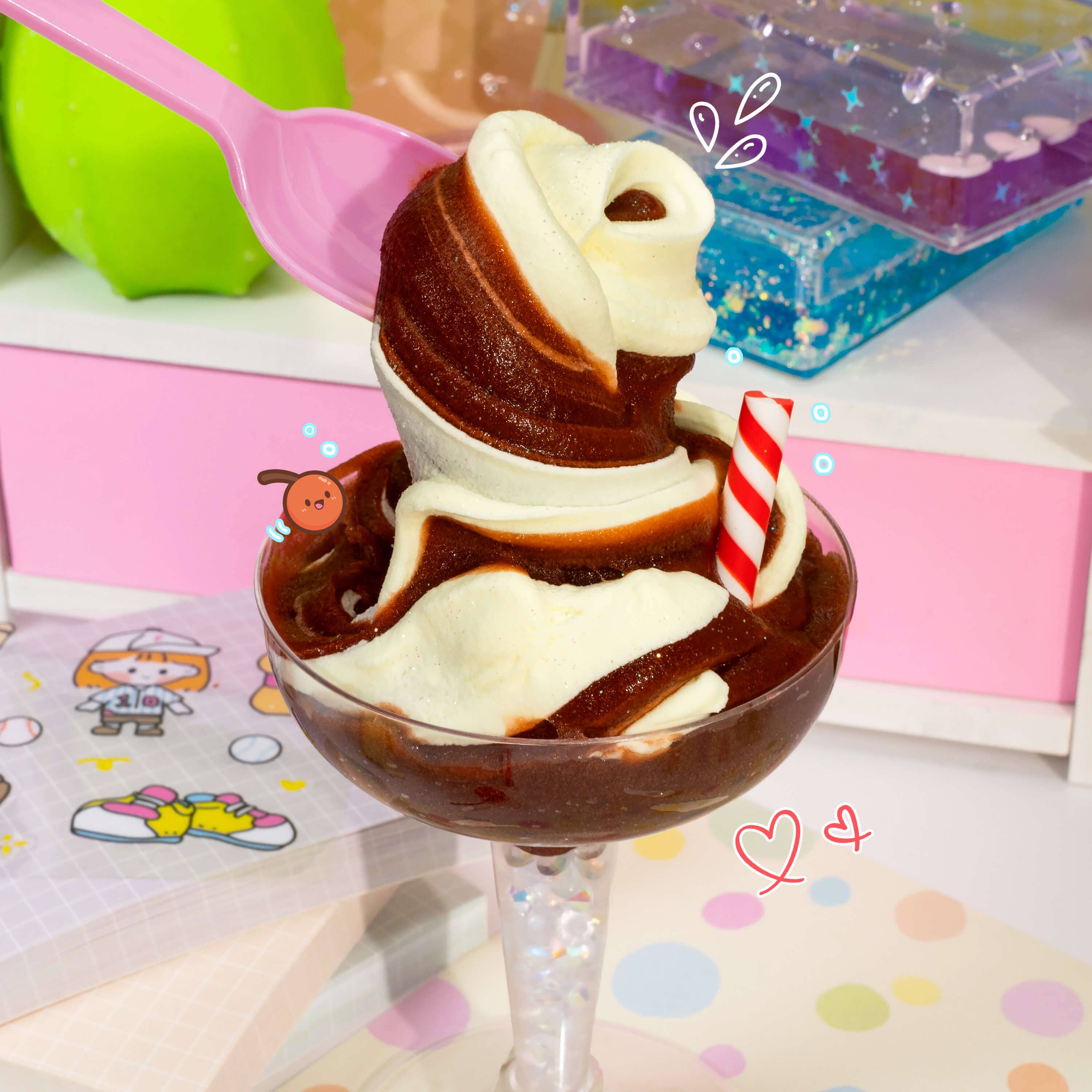 A glossy slime set named Root Beer Float 2 Slimes In 1, featuring a clay ice cream scoop topper for a unique texture. Inflate for endless fun.