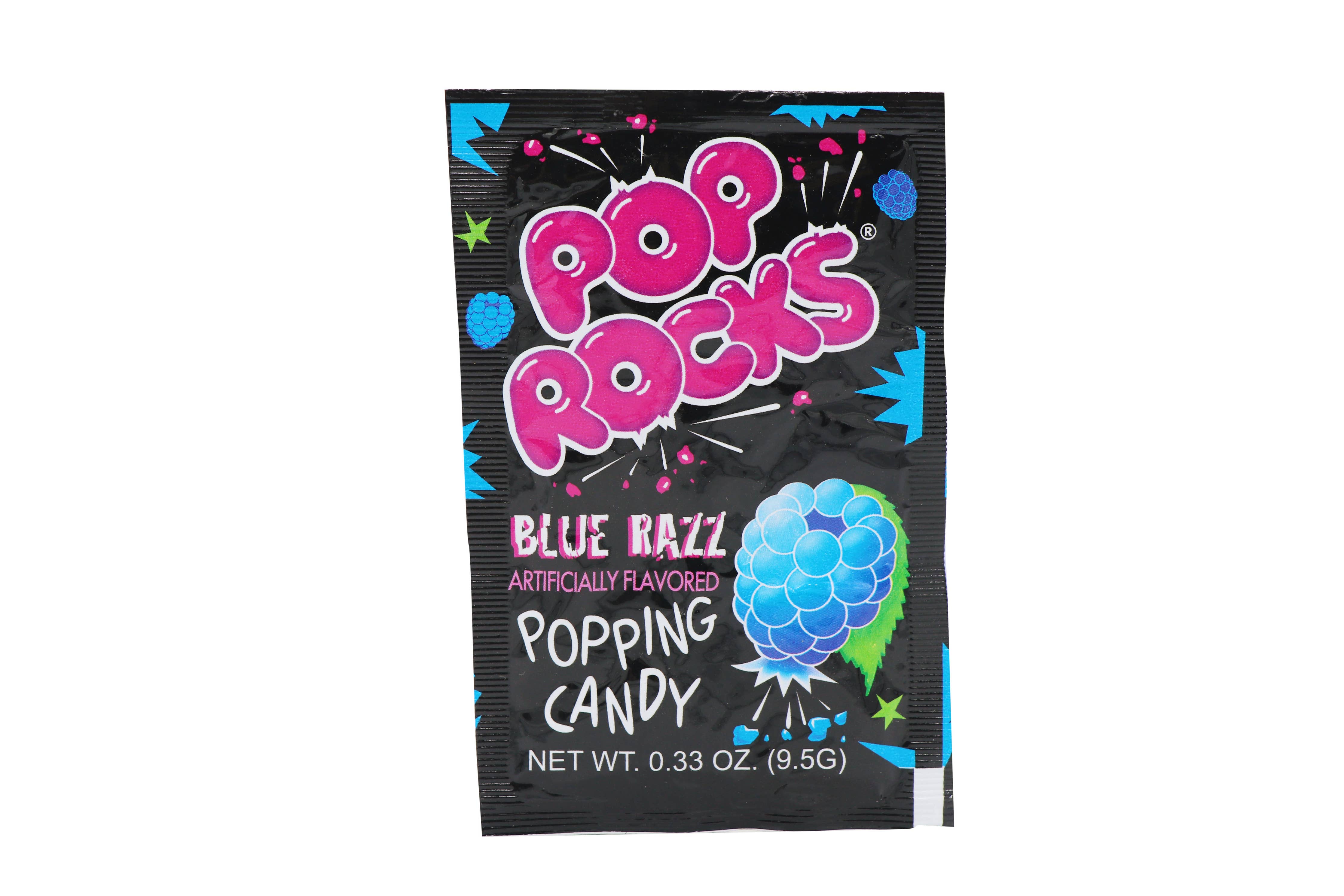 A packet of Grandpa Joe's Candy Shop Pop Rocks, Blue Razz, 0.33oz, 24Ct Case candy crystals with "Blue Razz" flavor. The black packet features colorful pop-art graphics, including blue raspberries, and vibrant text in pink and white. Weighing in at 0.33 oz (9.5g), this nostalgic candy delivers a playful burst of flavor.