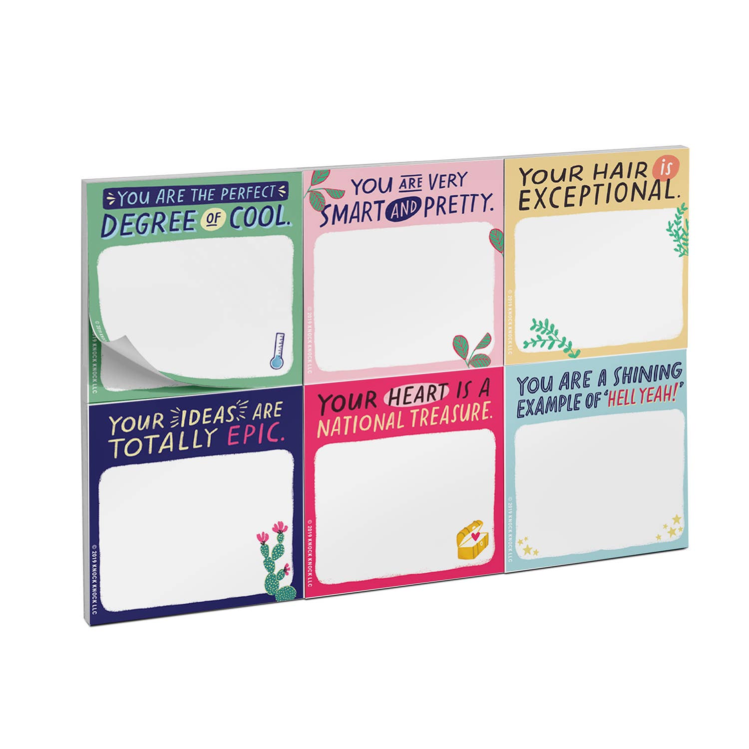 A group of colorful sticky notes: You Are Very Smart and Pretty Sticky Note Packet with various designs like hearts and text, featuring 6 pads with 40 sheets each.
