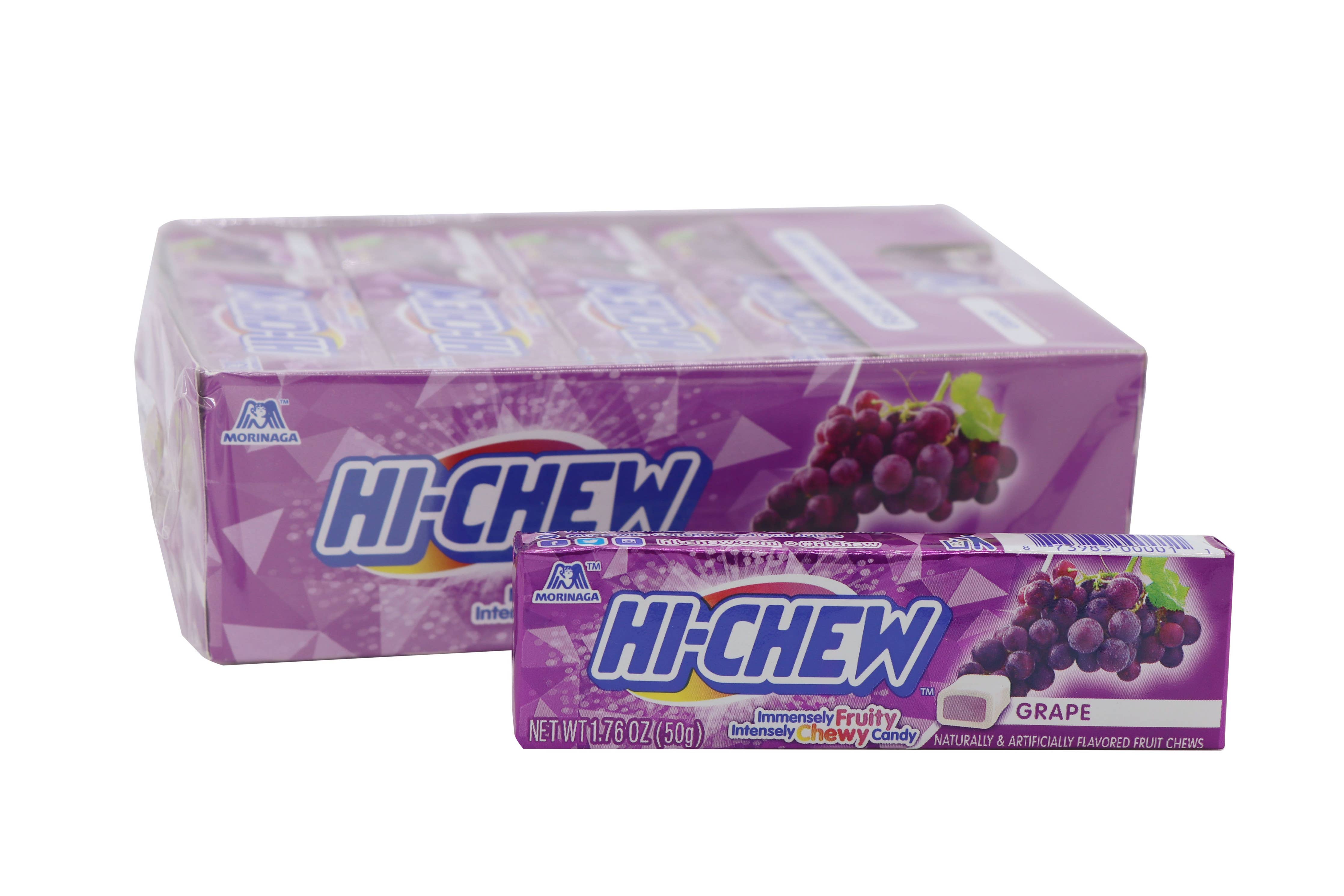 A close-up of Hi-Chew Candy Grape Flavored packaging with grape imagery, showcasing a juicy taffy treat.