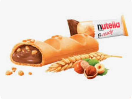 Close-up of Nutella B-ready 44g in a crispy wafer, combining Nutella® for a delightful snack. Convenient and tasty for on-the-go indulgence.