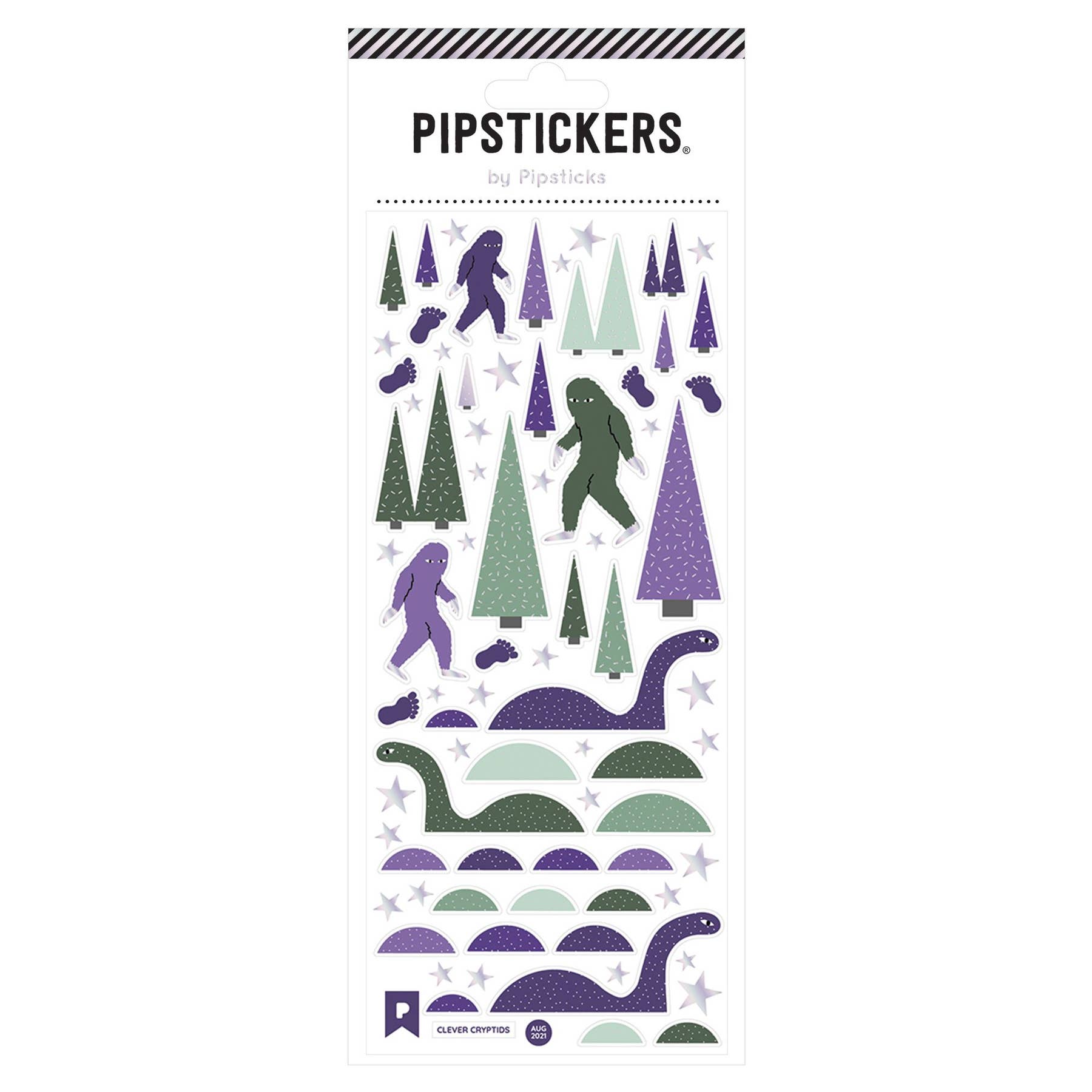 A clever Cryptids sticker featuring a dinosaur illustration with holographic silver foil accents on a clear backing. Unique PVC design. Perfect for sticker lovers.