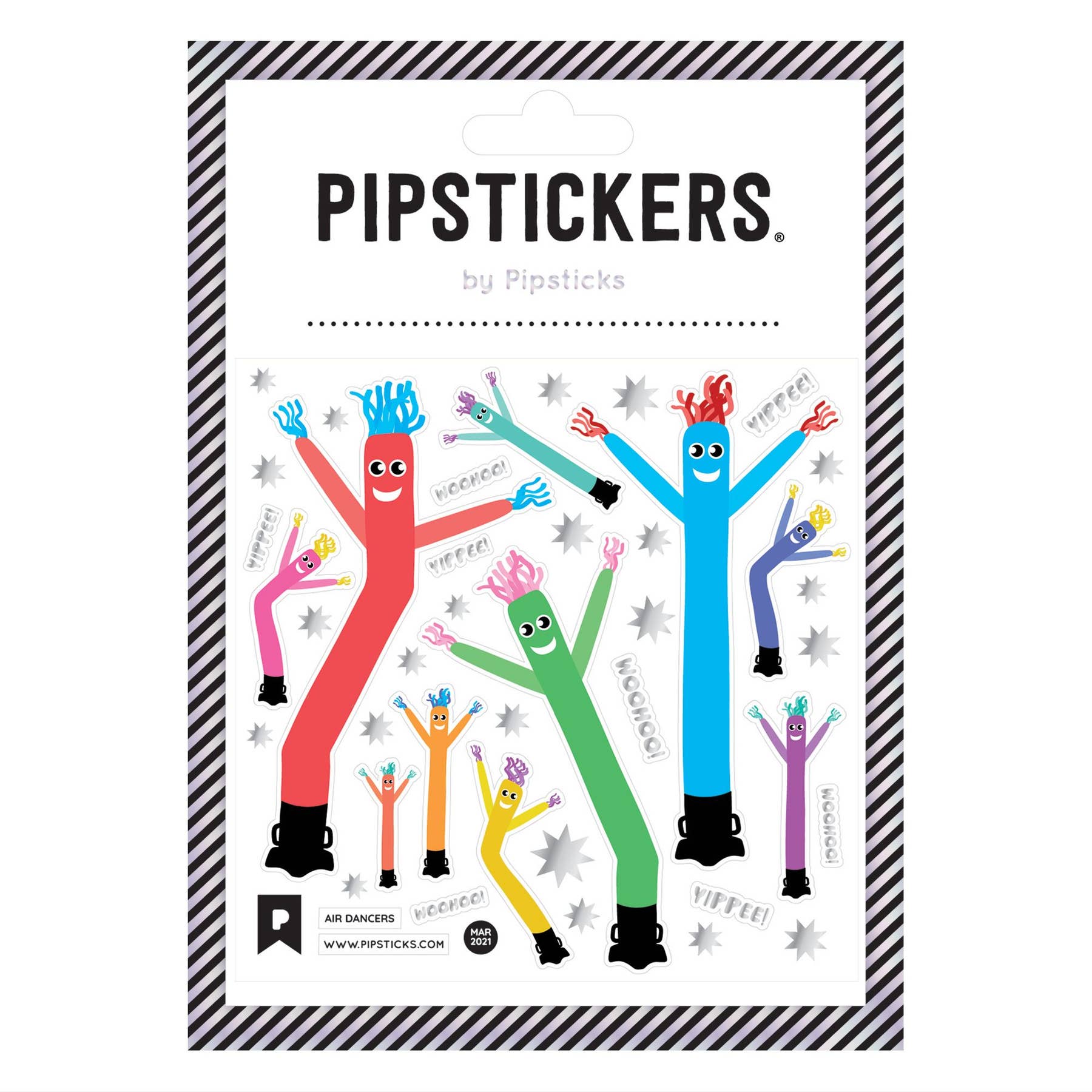 A sheet of PipStickers featuring cartoon air dancers with holographic silver foil accents on a clear backing. Includes Berry Pop Art design and Pipsticks manifesto.