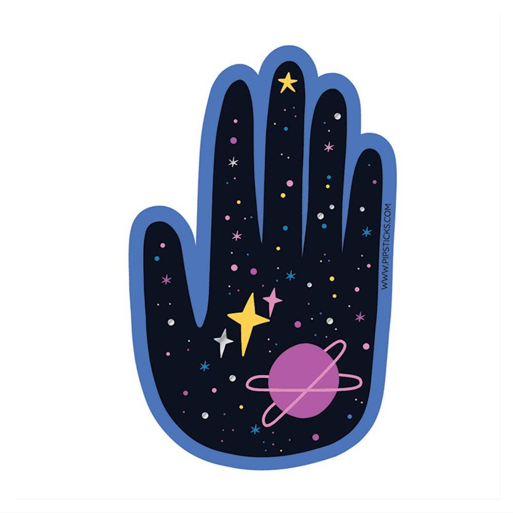 A hand holding Catching Stars Vinyl stickers, featuring stars and planets. Unique PipStickers gift for sticker enthusiasts.
