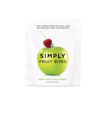 Fruit Bites - Sour Apple & Cherry (5.3 oz Bags): A white package with a green apple and cherry atop, showcasing chewy, real fruit candy perfect for Fall treats.