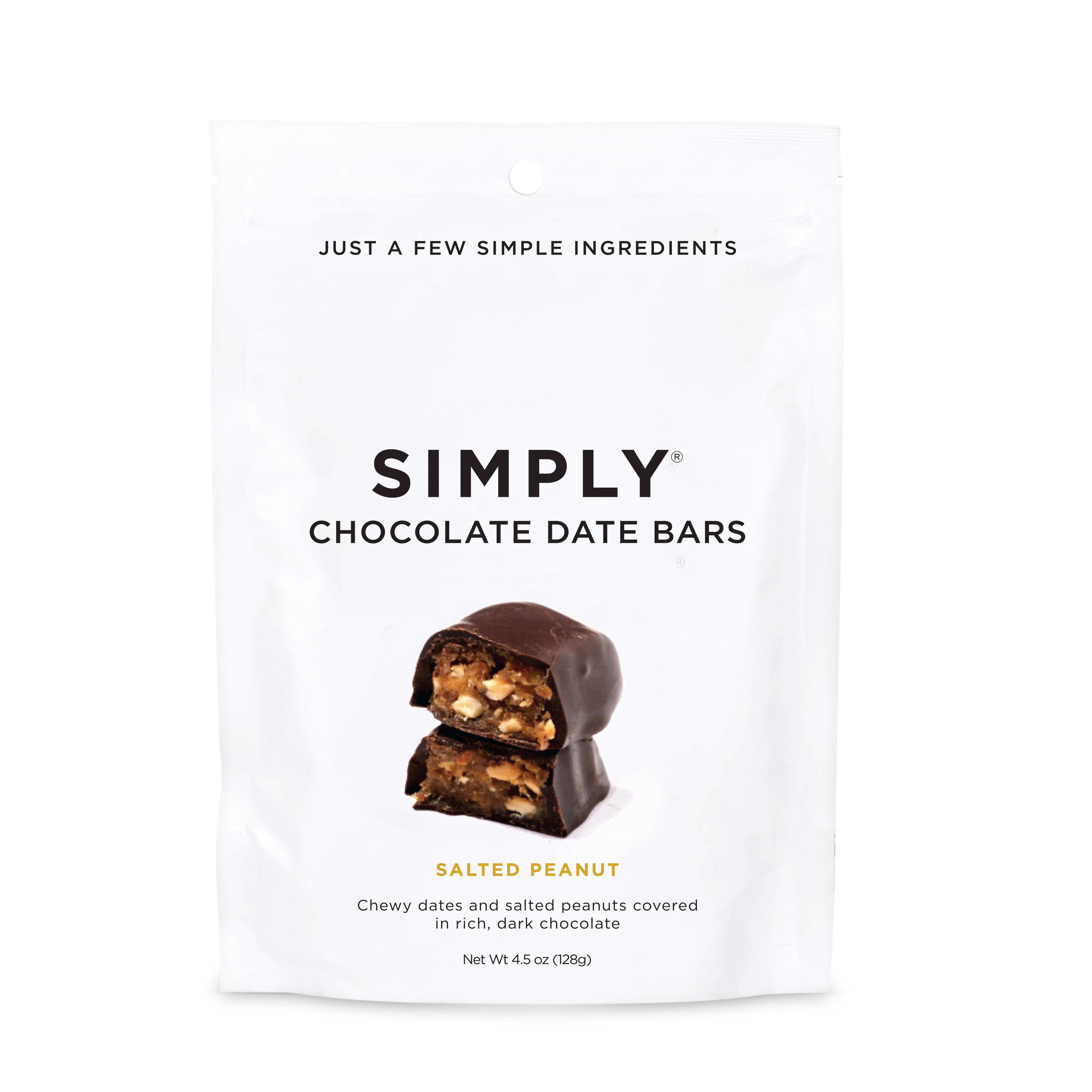 Chocolate Date Bars with Salted Peanuts in 4.5 oz Bags: Gooey date filling, crunchy peanuts, and dark chocolate coating. Simple ingredients, no artificial additives. Perfect for Fall treats!