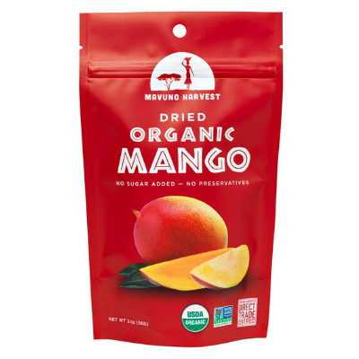 Organic dried mangoes by Mavuno Harvest, 2oz bag. Red bag with logo and text. Close-up of fruit slice. Non-GMO, no added sugar, fat, cholesterol, or sodium. Supports African farming communities.