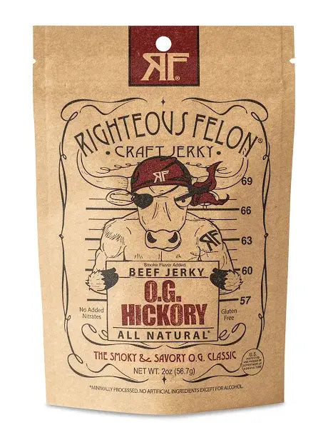A brown package with a cartoon of a bull, featuring OG Hickory Beef Jerky 2oz. Original recipe with sweet, smoky flavor, hitting the streets in '96. Size: 2 oz, Shelf Life: 18 months.