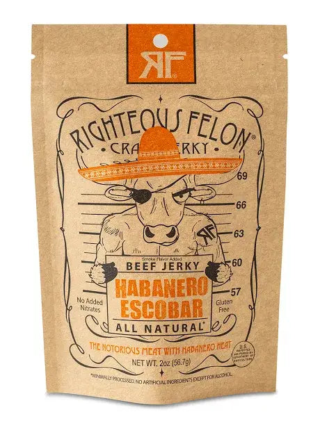 Package of Habanero Escobar Beef Jerky, featuring a cartoon cow illustration on brown paper. Spicy, pure jerky with hickory flavor and Habanero seasoning.