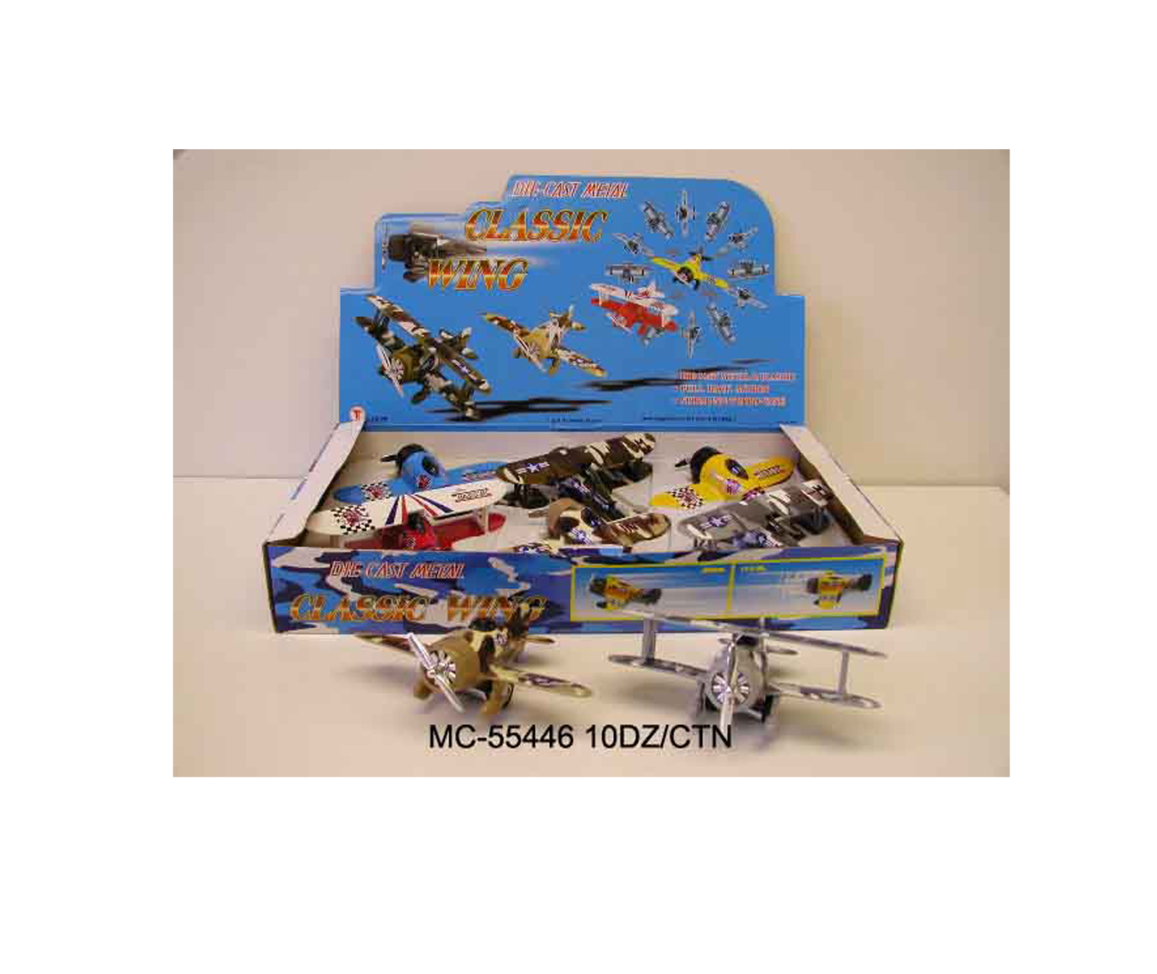Diecast 6.5 CLASSIC WING FIGHTING PLANE toy in a box with model airplanes, featuring pullback motor action and opening doors.