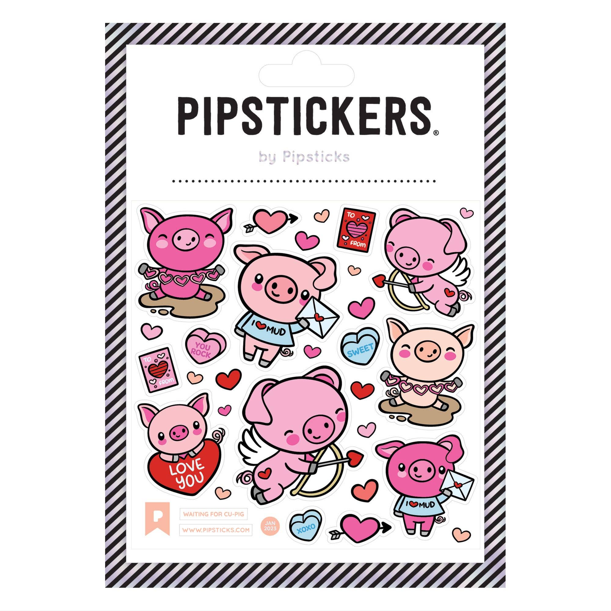 A sheet of Waiting For Cu-pig PipStickers featuring pink pig illustrations on wood-free paper with neon accents, on a clear backing.