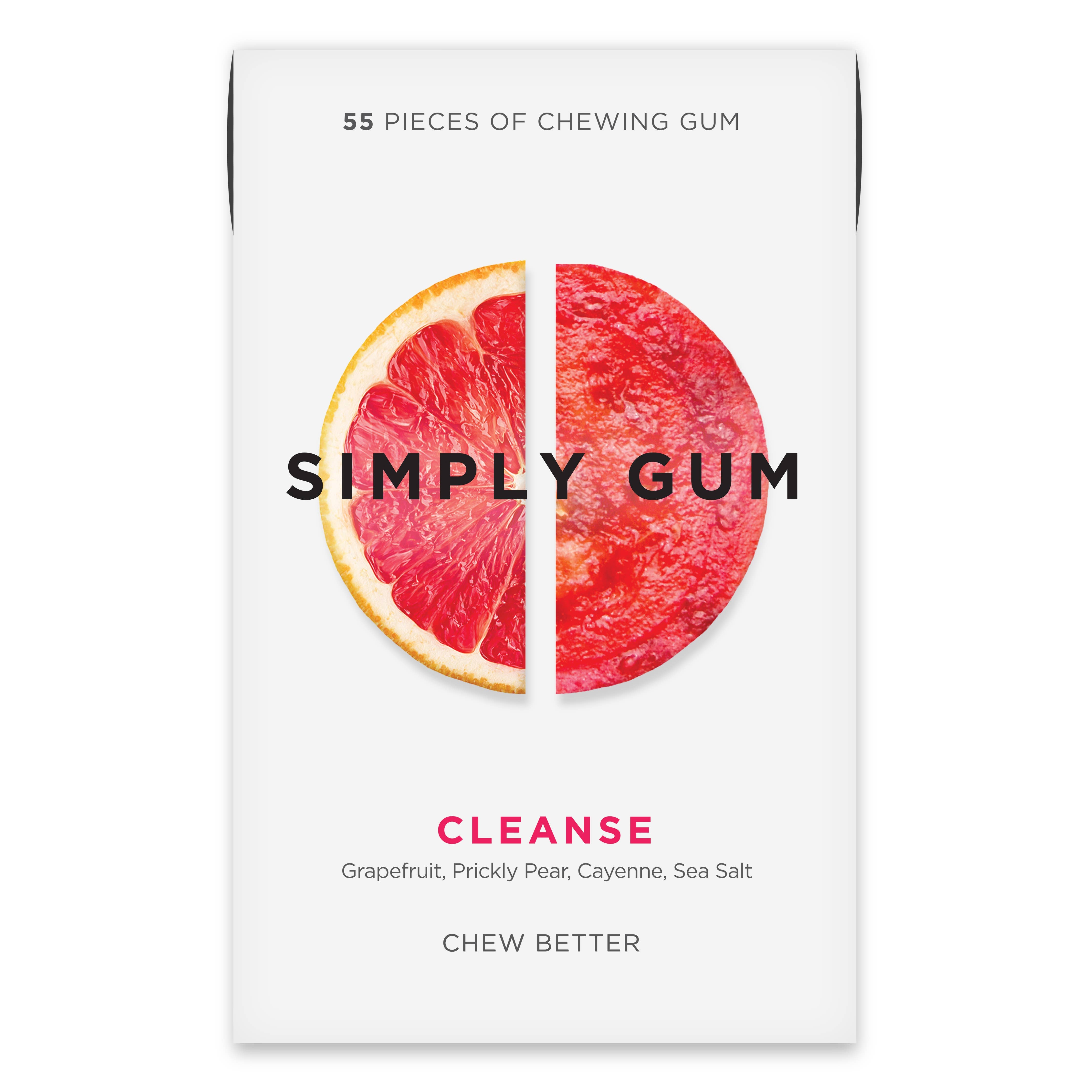 A package of Cleanse Natural Chewing Gum with grapefruit, prickly pear, cayenne, and sea salt. Tangy and spicy blend. Box: 4.0 x 2.5 x 1.0. Contains 55 pieces.