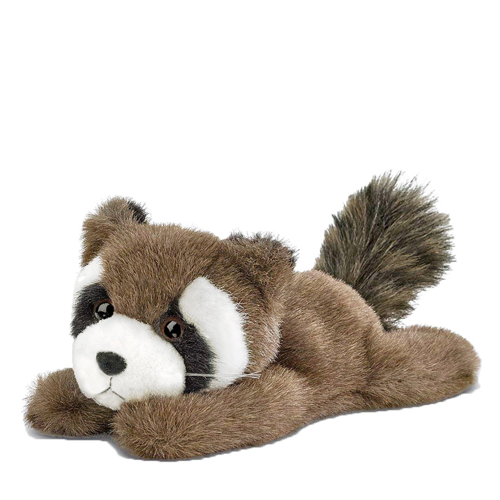 A 8-inch plush teddy bear from the Bearington Collection named Riley the Raccoon, featuring a furry tail, perfect for cuddling.
