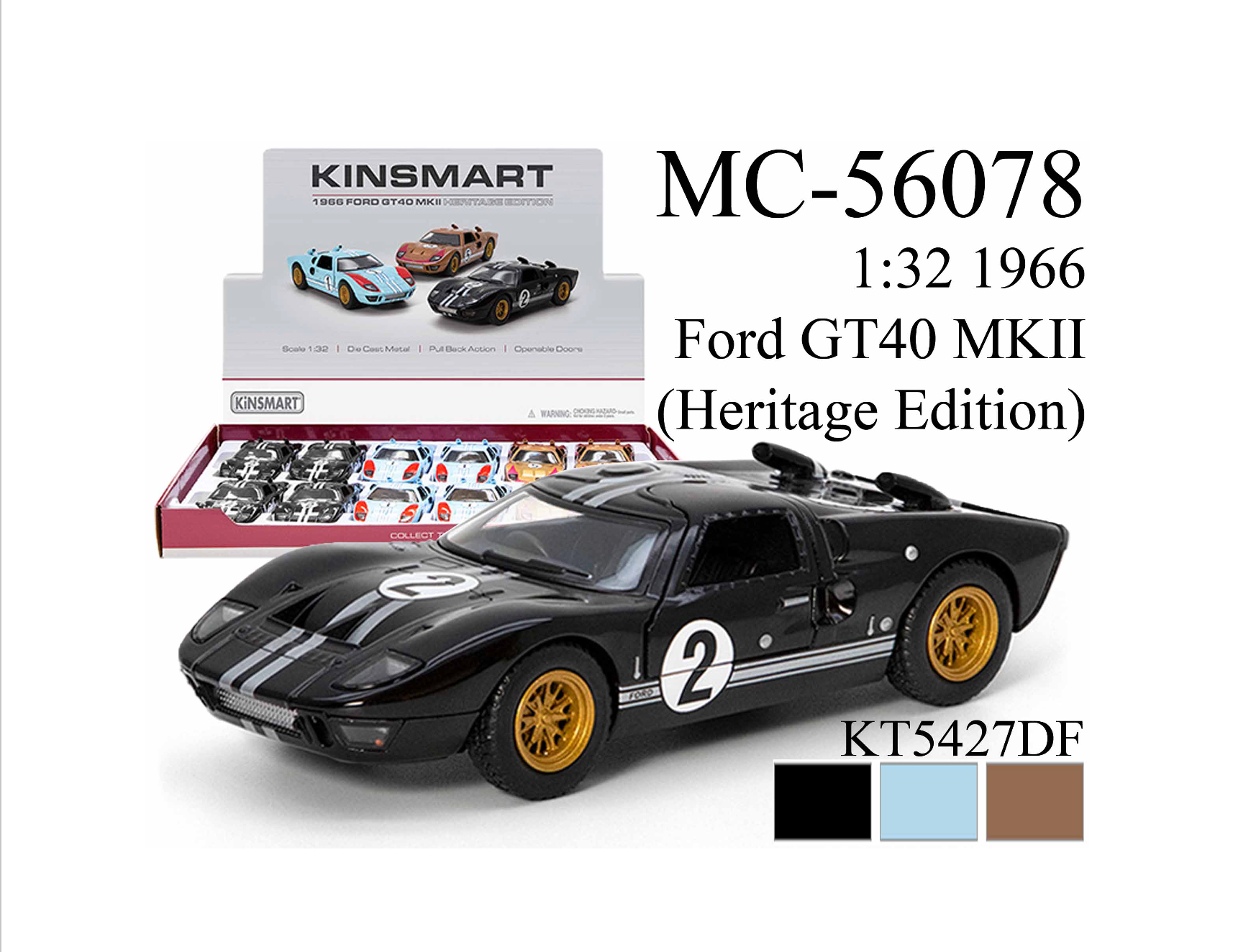 A 5 1966 FORD GT40 MKII HERITAGE EDITION toy car with yellow rims, featuring a number, in a display box of 12 units. Close-up of tire and car details visible.