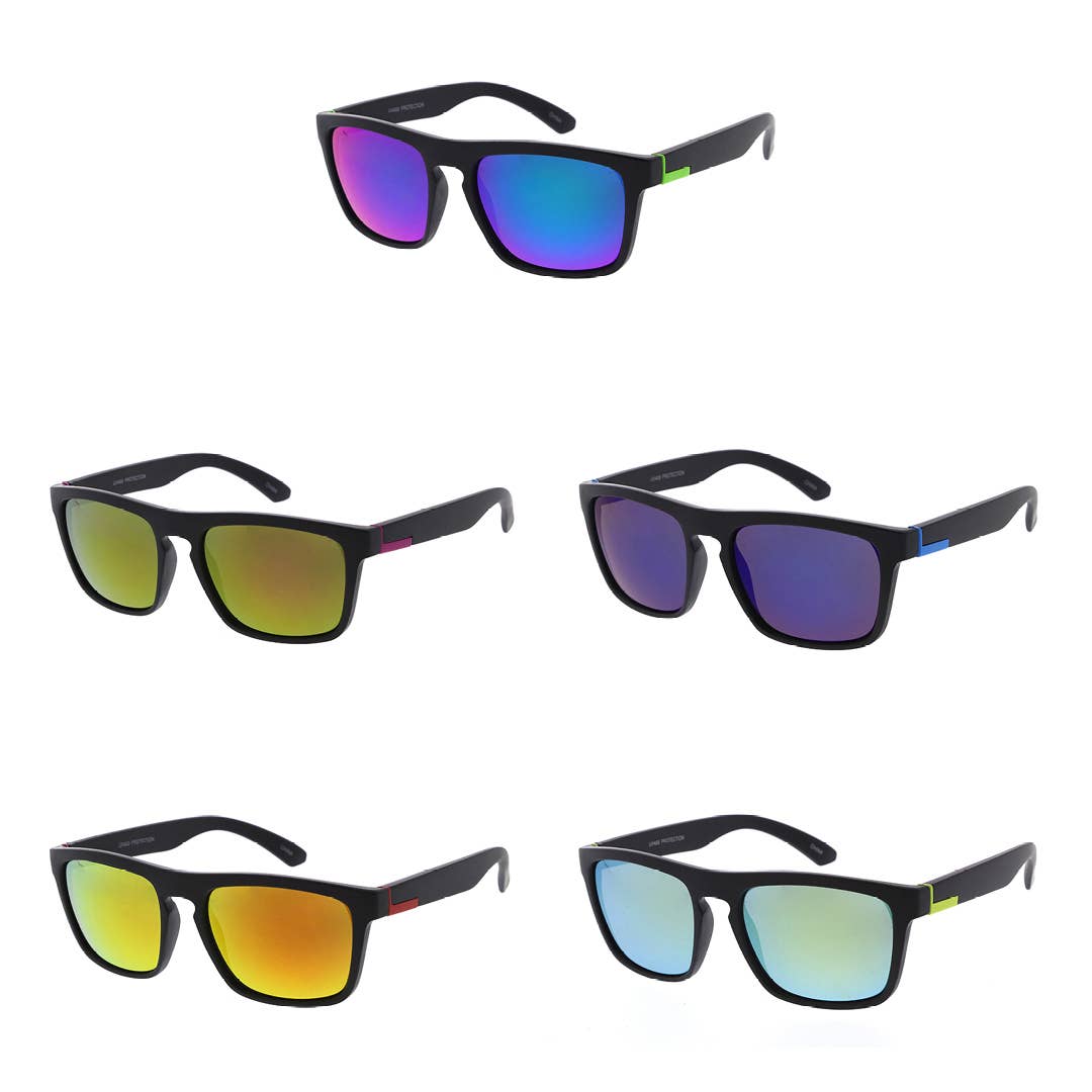 A collection of sport and surf-inspired men’s sunglasses by Blue Gem. Trendy wayfarer shapes perfect for the fashionable man. Offers 100% UV protection.
