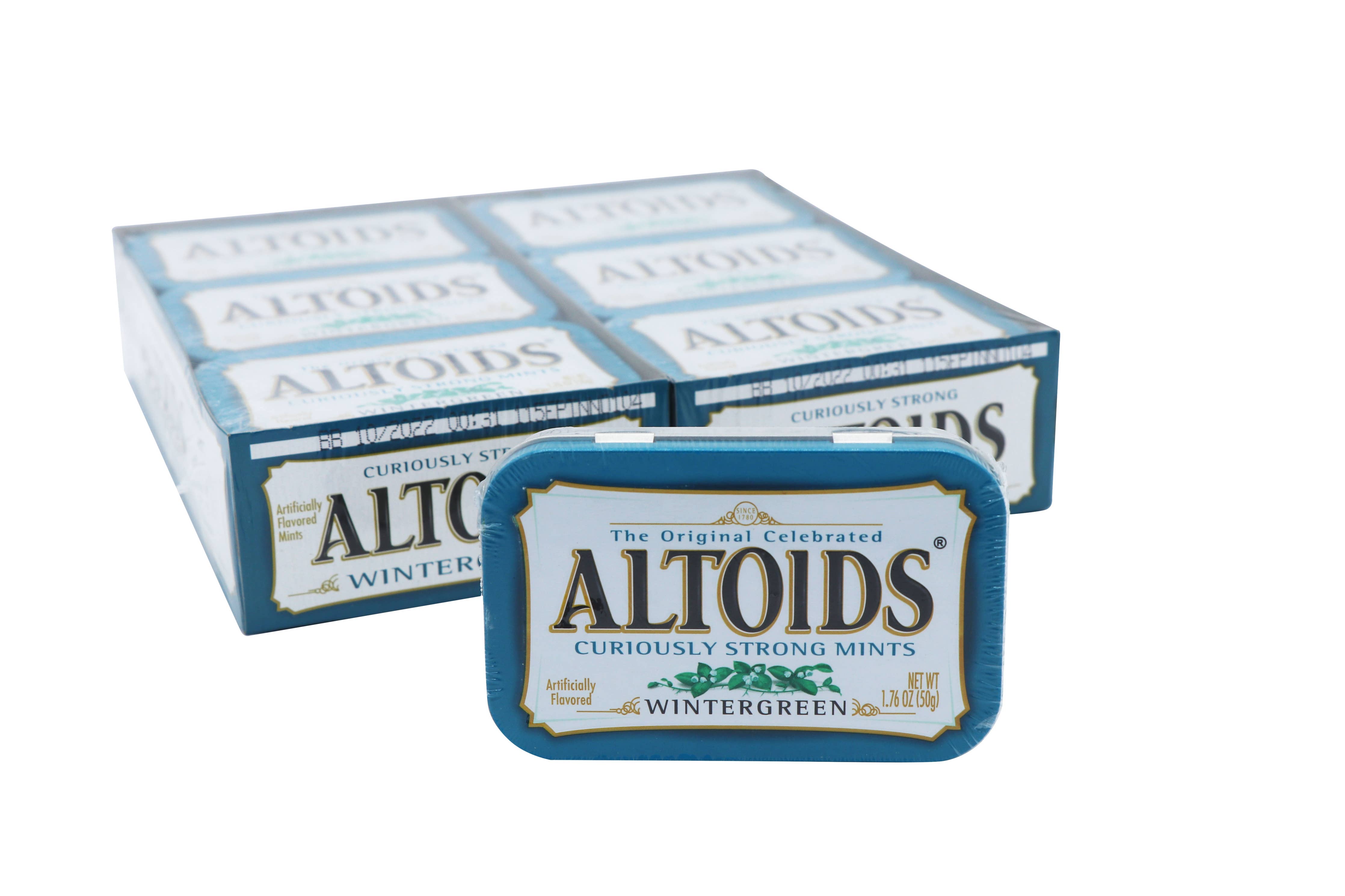 A group of Altoids Wintergreen mints in a 12ct case tin, perfect for freshening breath on the go. Ideal for creating a mint section.