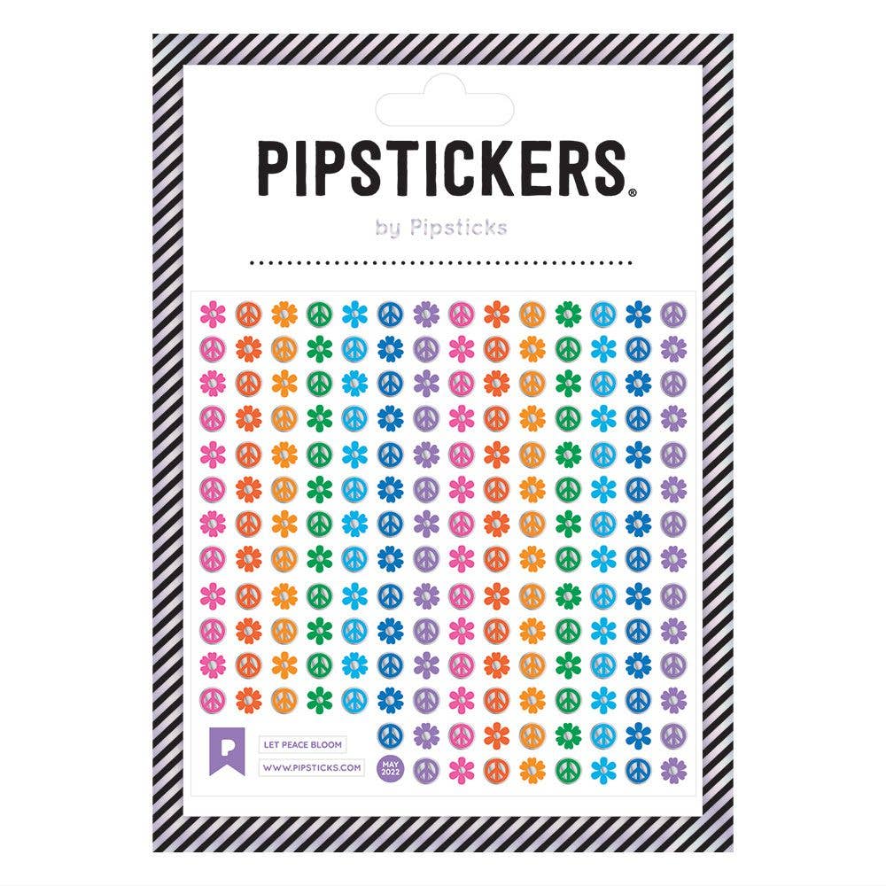 Close-up of Let Peace Bloom PipStickers, featuring unique PVC designs with silver glitter foil accents on a clear backing. Perfect for any sticker lover.