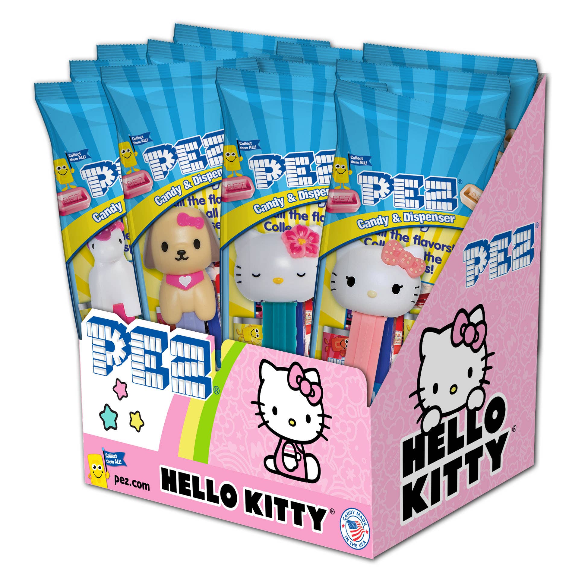 A display of Hello Kitty Pez candy dispensers in a poly bag, featuring 12 iconic characters. Includes a variety of Hello Kitty figurines for collectors and fans of all ages.