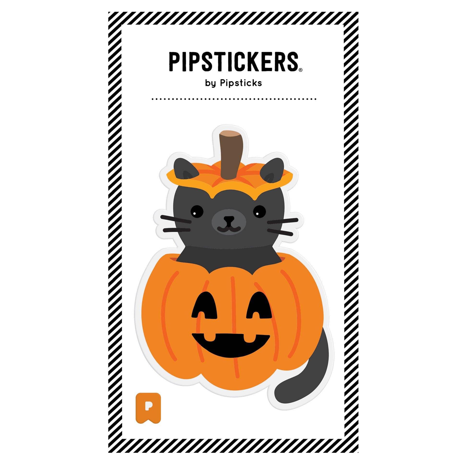 A whimsical Big Puffy Cat-O-Lantern PipSticker featuring a cat in a pumpkin, perfect for decorating laptops, notebooks, and more. Measures 4'' x 6'' and 5mm thick.