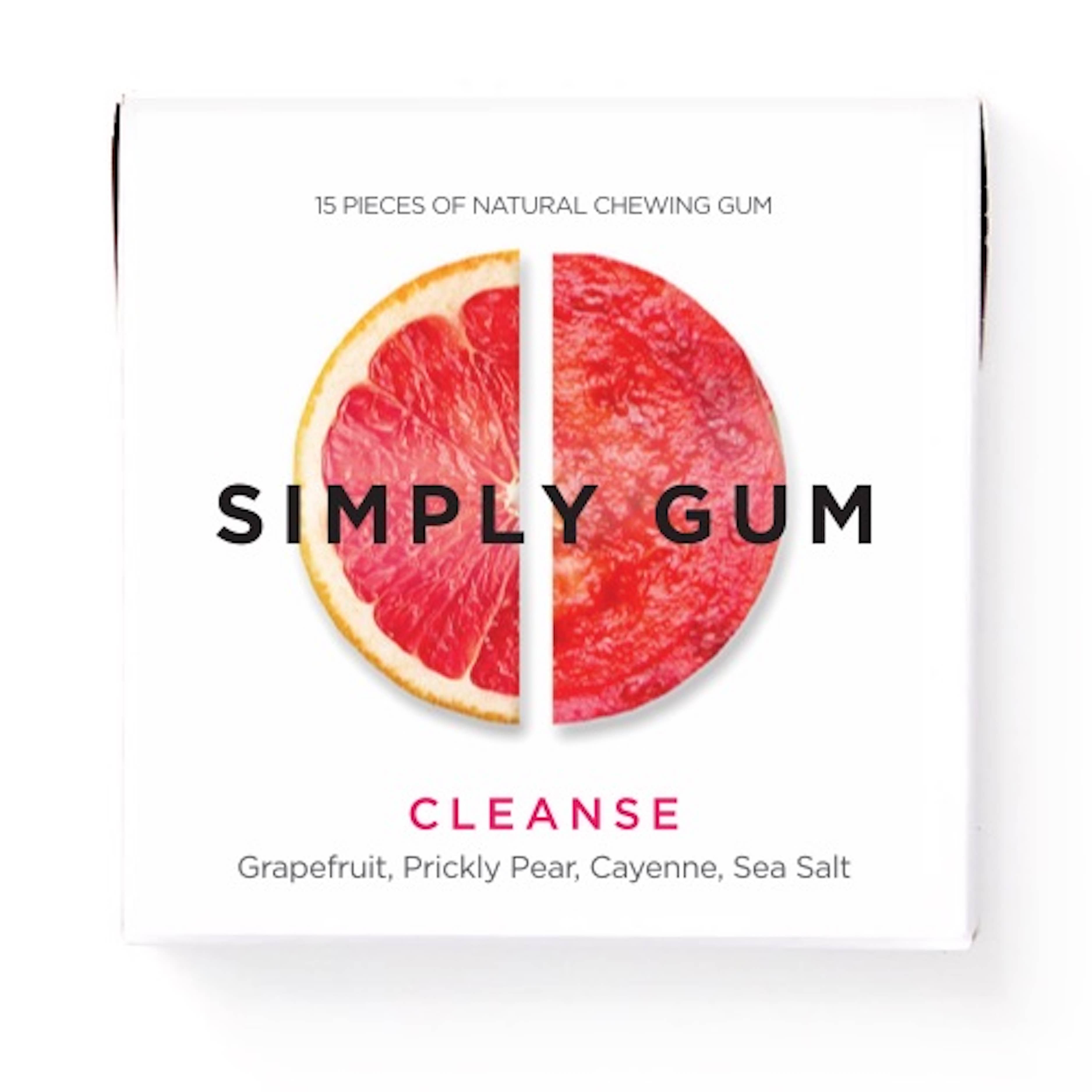 A close-up of Simply Gum's Cleanse Natural Chewing Gum box featuring grapefruit, prickly pear, cayenne, and sea salt ingredients.