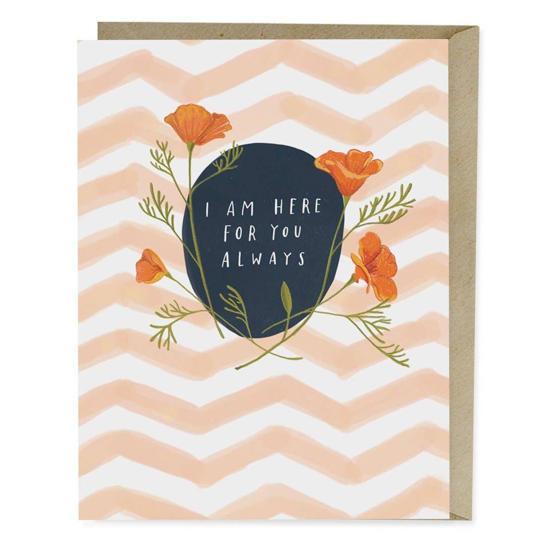 Empathy card with orange flowers and a circle design, A2 size, printed on heavyweight uncoated stock. Includes matching kraft envelope. Symbolizes support and presence during tough times.